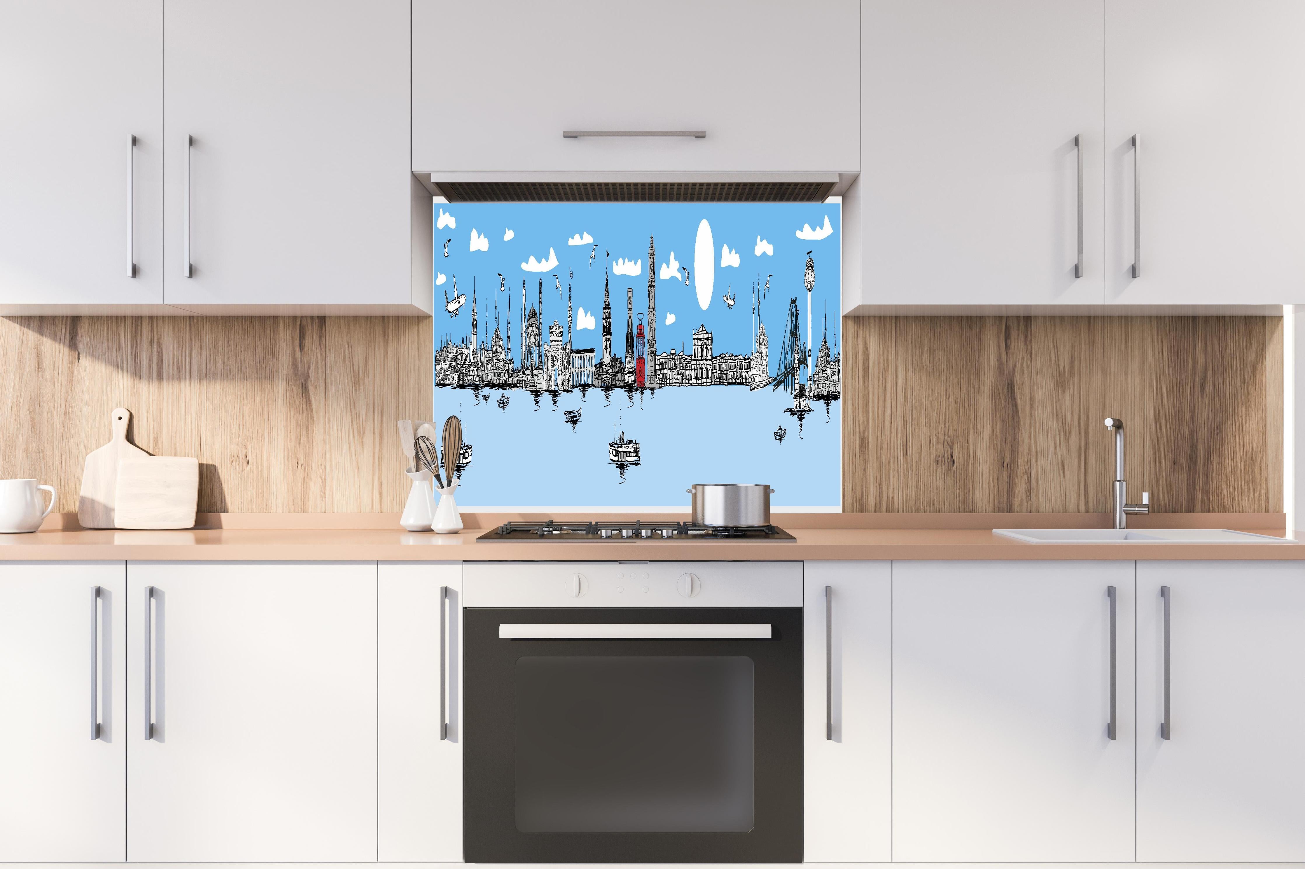 Spritzschutz - Stilvolles City Skyline Panorama Illustration hinter einem Cerankochfeld zwischen Holz-Kochutensilien