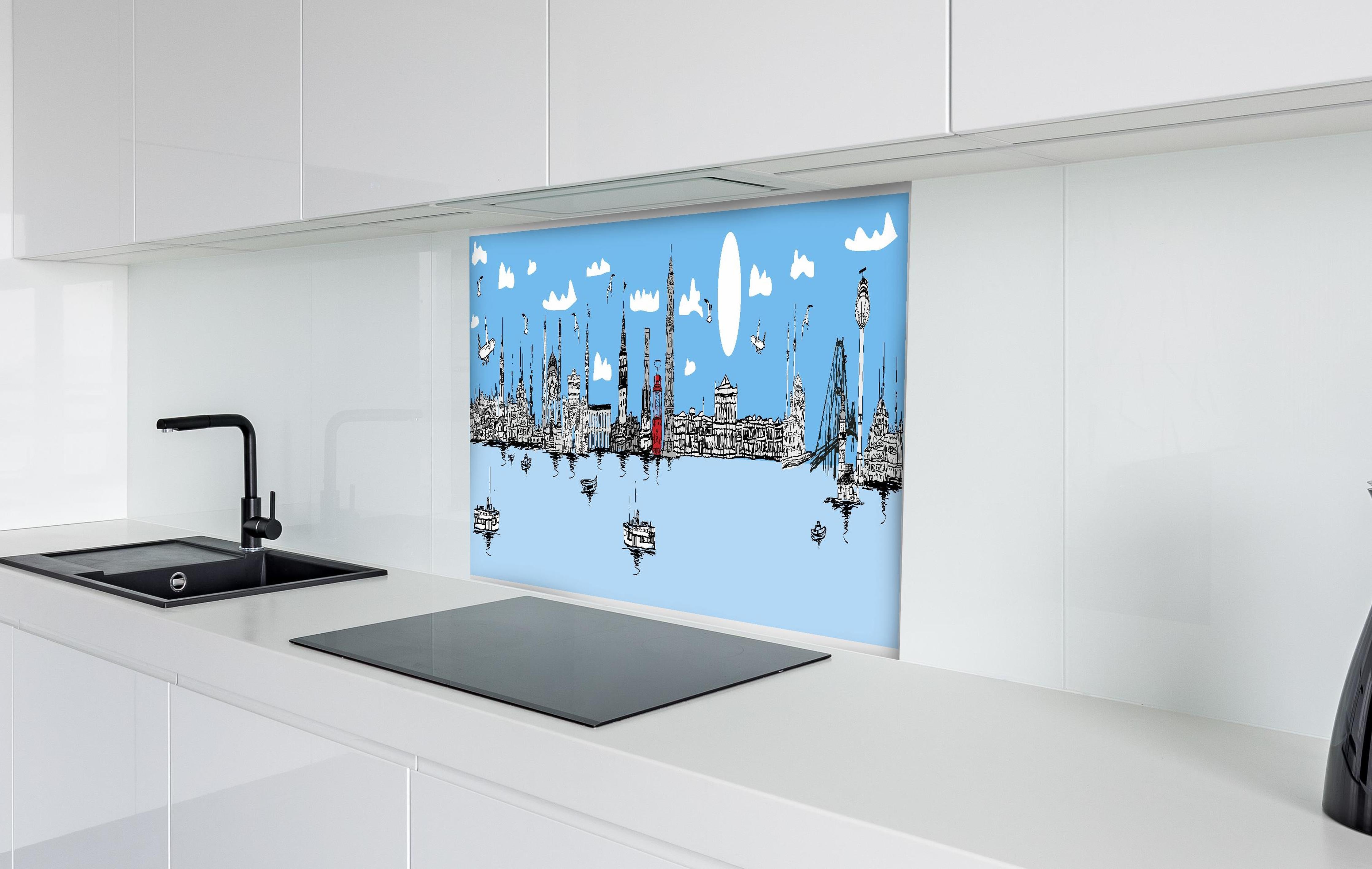 Spritzschutz - Stilvolles City Skyline Panorama Illustration hinter einem Cerankochfeld zwischen Holz-Kochutensilien