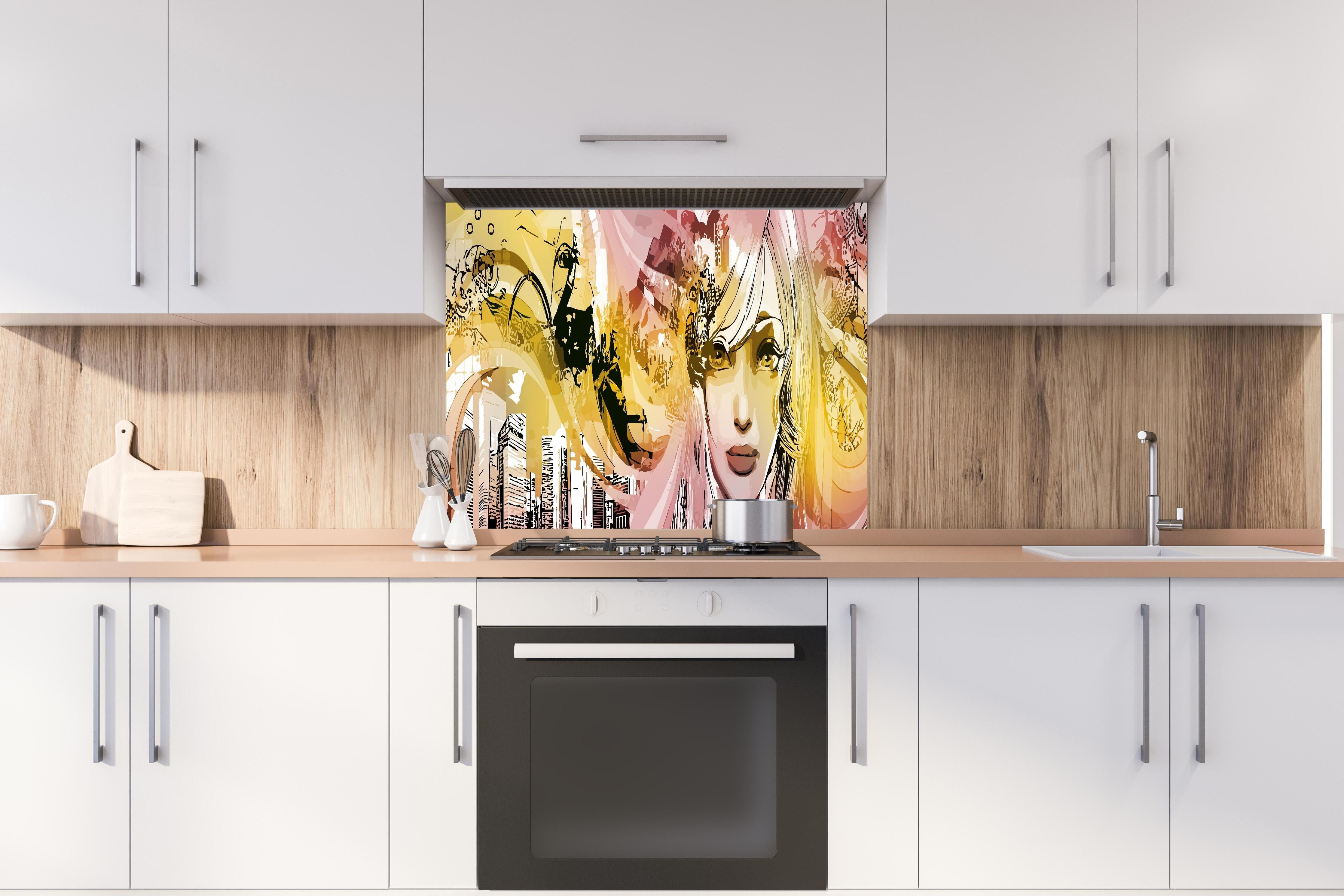 Spritzschutz - Street-Art Illustration Mädchen in Pink Gelb hinter einem Cerankochfeld zwischen Holz-Kochutensilien