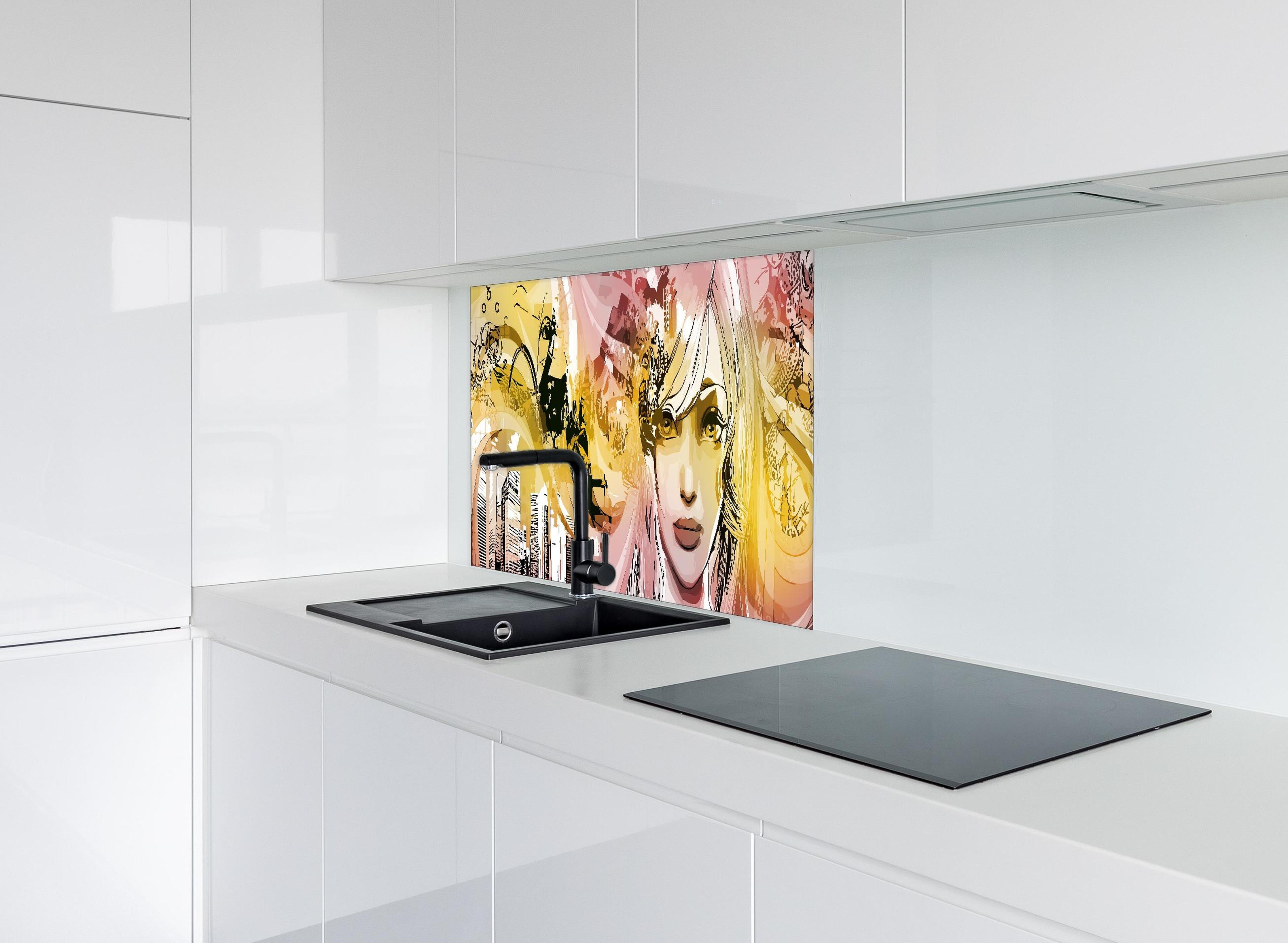 Spritzschutz - Street-Art Illustration Mädchen in Pink Gelb hinter einem Cerankochfeld zwischen Holz-Kochutensilien