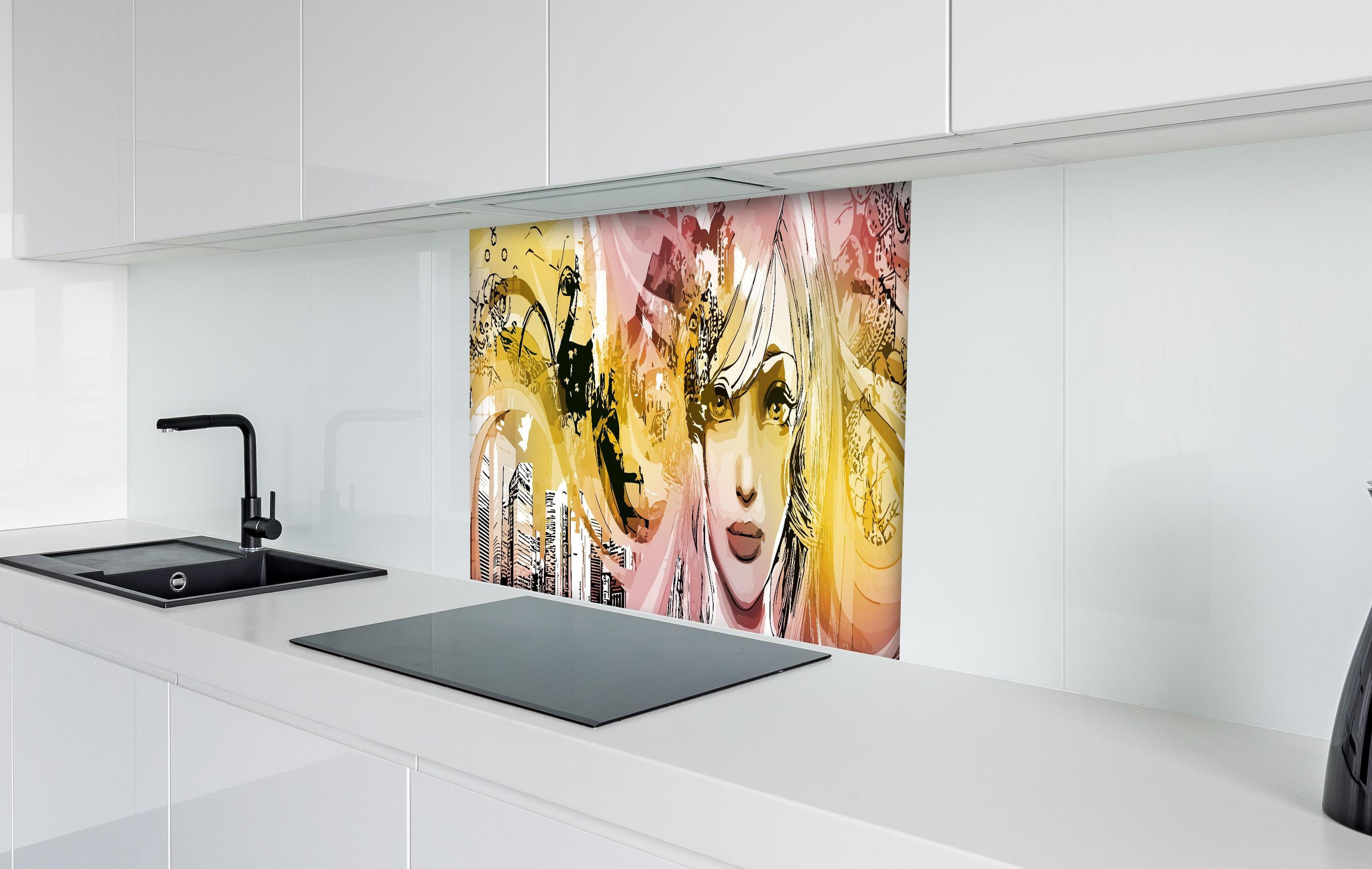 Spritzschutz - Street-Art Illustration Mädchen in Pink Gelb hinter einem Cerankochfeld zwischen Holz-Kochutensilien