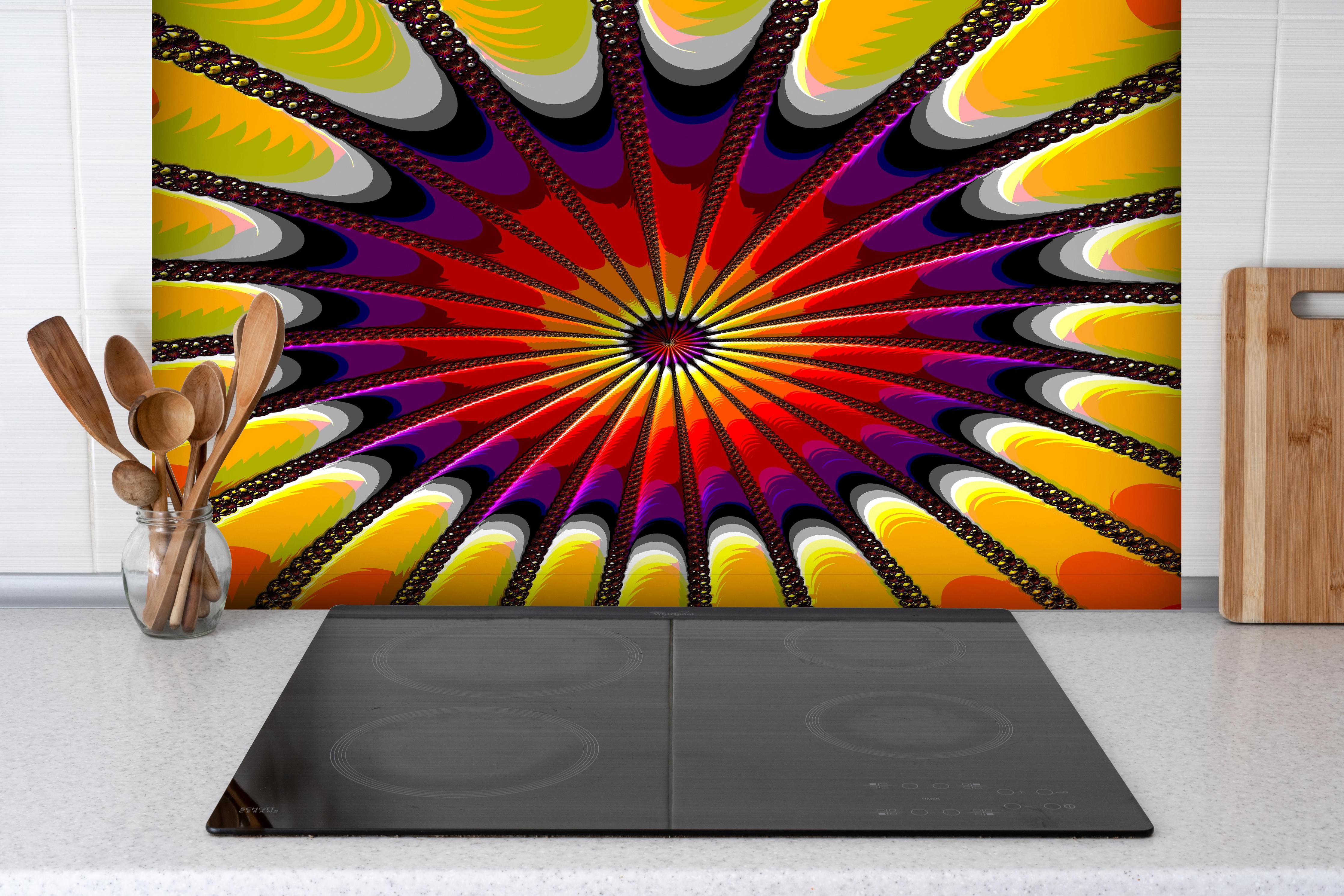 Spritzschutz - Surreales 3D Fraktal Design Kunstwerk hinter einem Cerankochfeld zwischen Holz-Kochutensilien