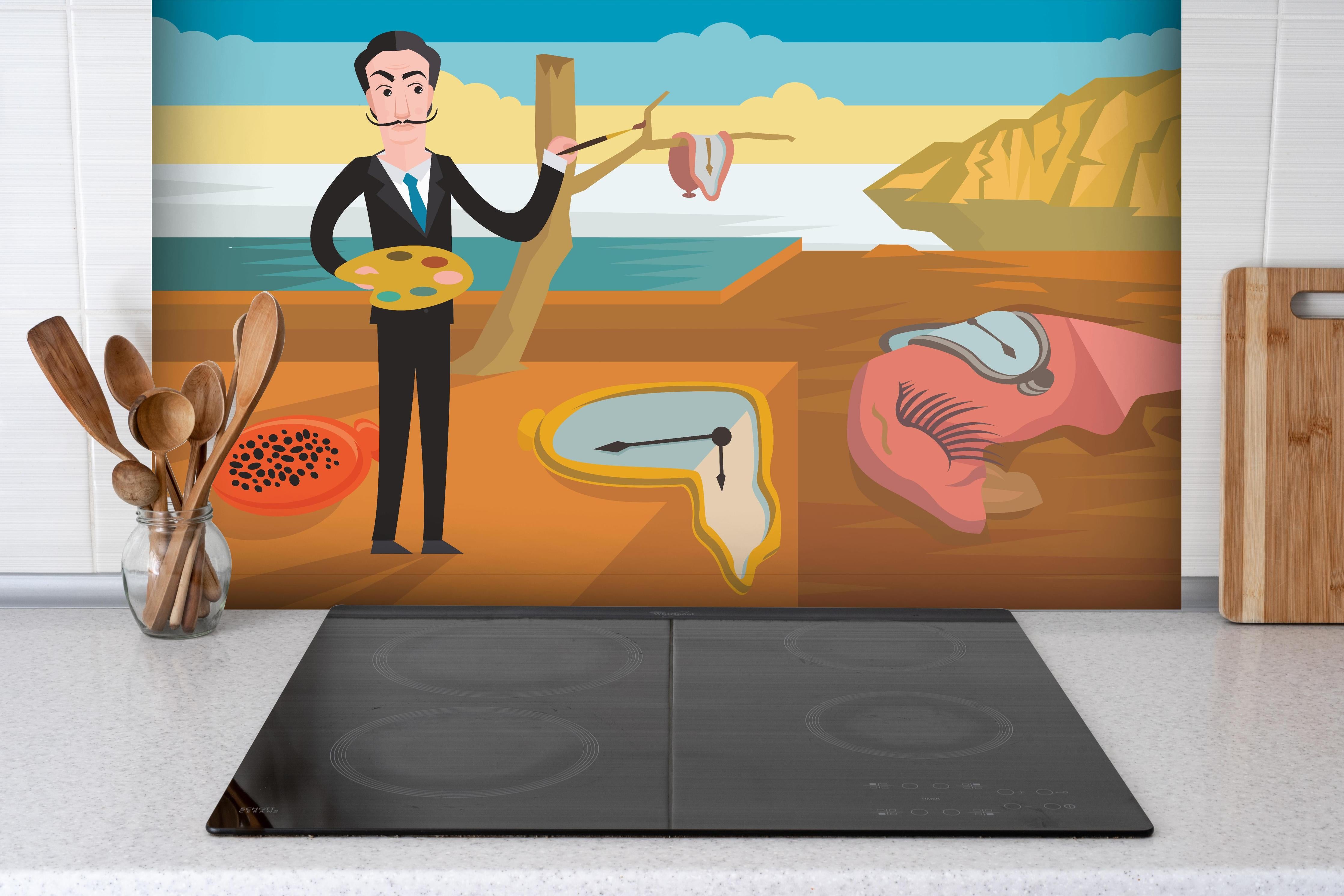 Spritzschutz - Surreales Gemälde Meeresküste mit Uhren hinter einem Cerankochfeld zwischen Holz-Kochutensilien