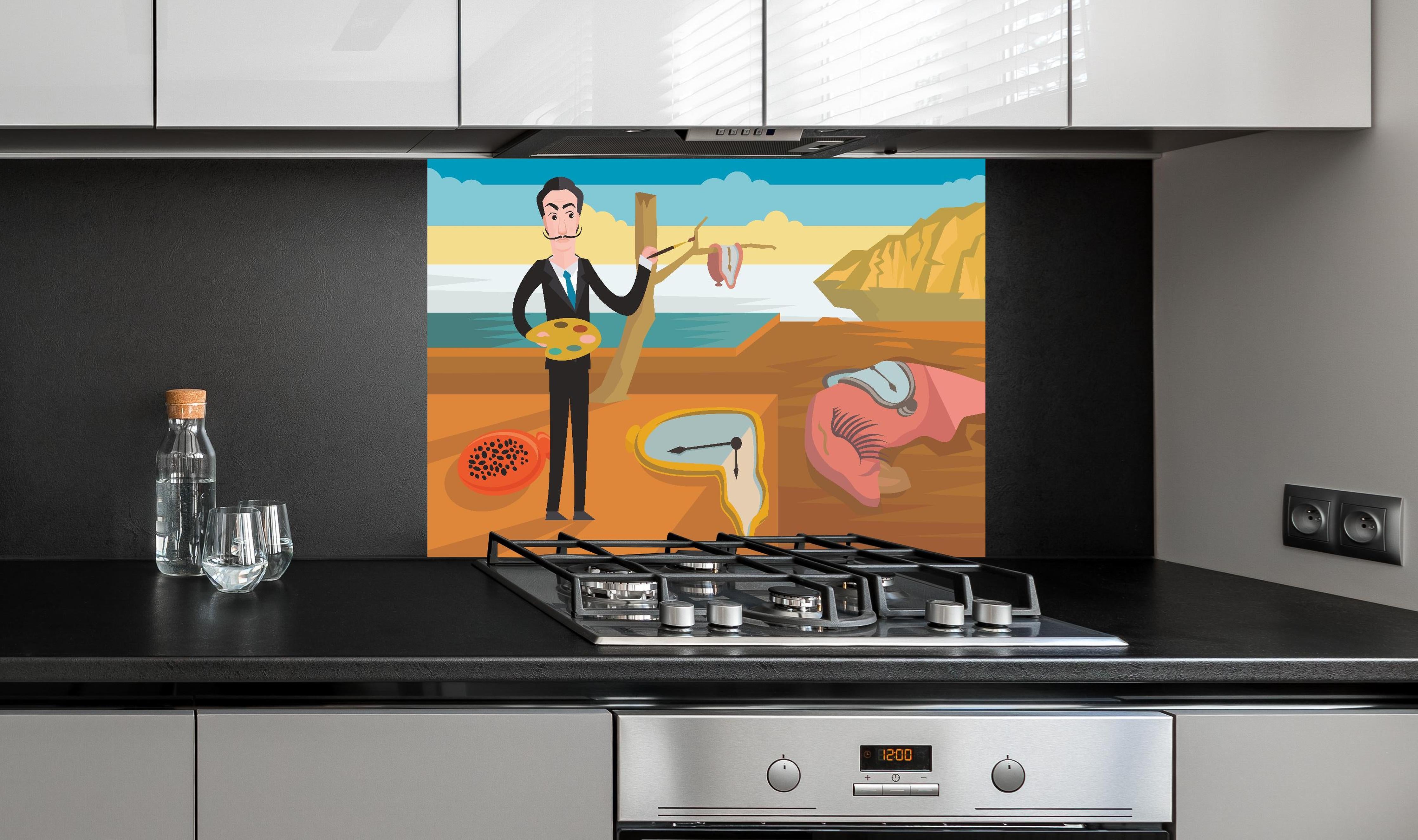 Spritzschutz - Surreales Gemälde Meeresküste mit Uhren hinter einem Cerankochfeld zwischen Holz-Kochutensilien