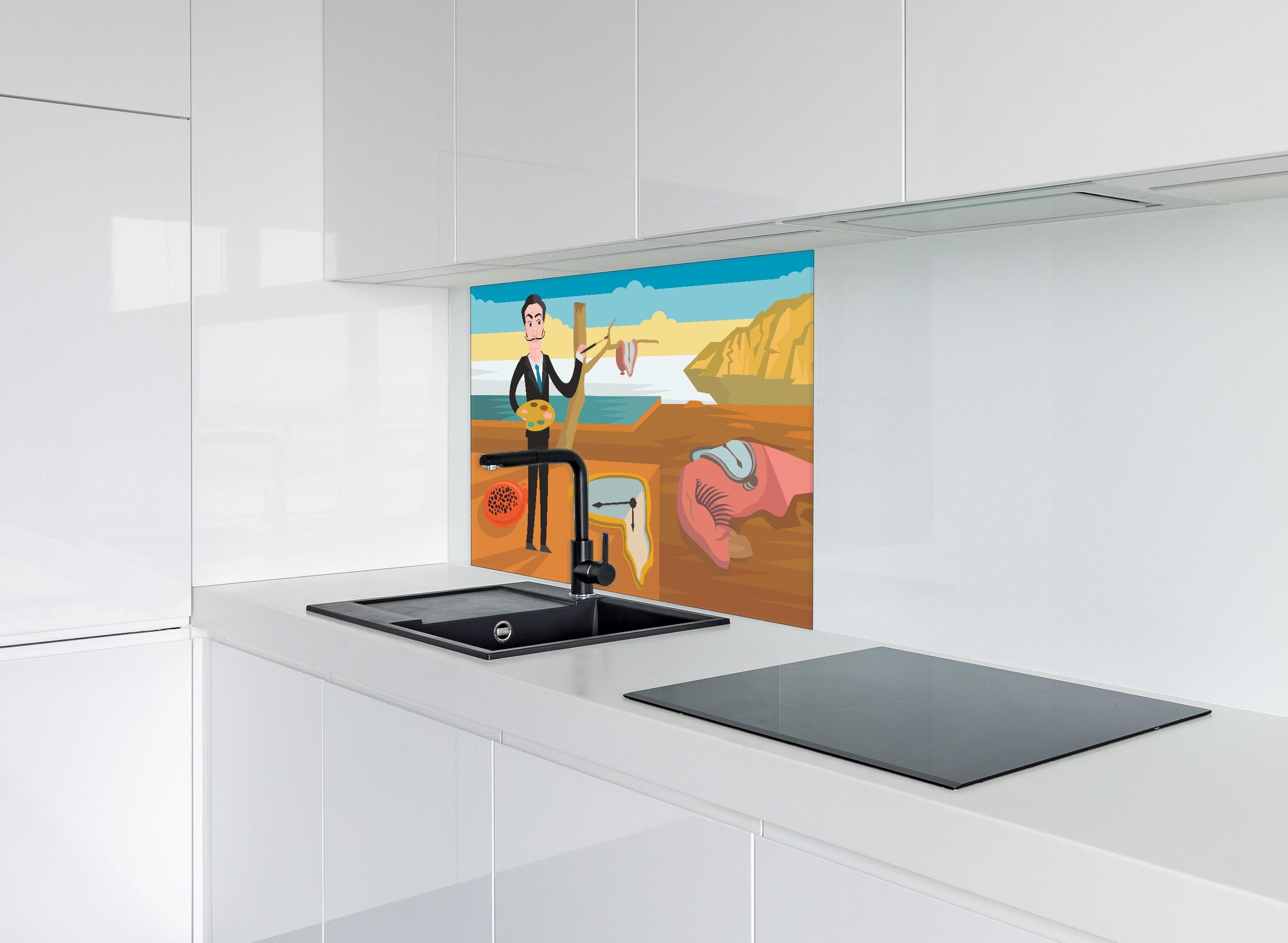 Spritzschutz - Surreales Gemälde Meeresküste mit Uhren hinter einem Cerankochfeld zwischen Holz-Kochutensilien