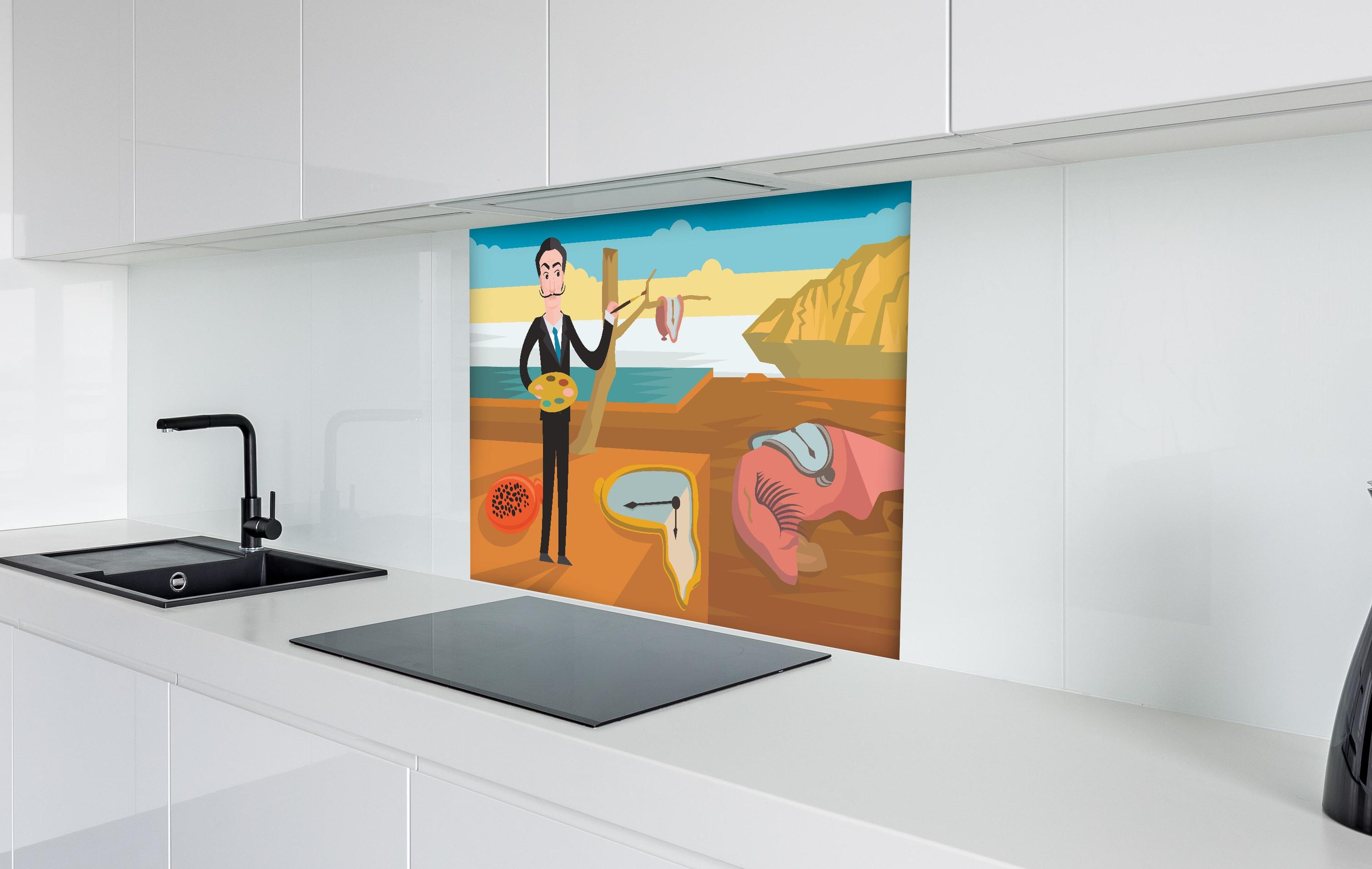 Spritzschutz - Surreales Gemälde Meeresküste mit Uhren hinter einem Cerankochfeld zwischen Holz-Kochutensilien