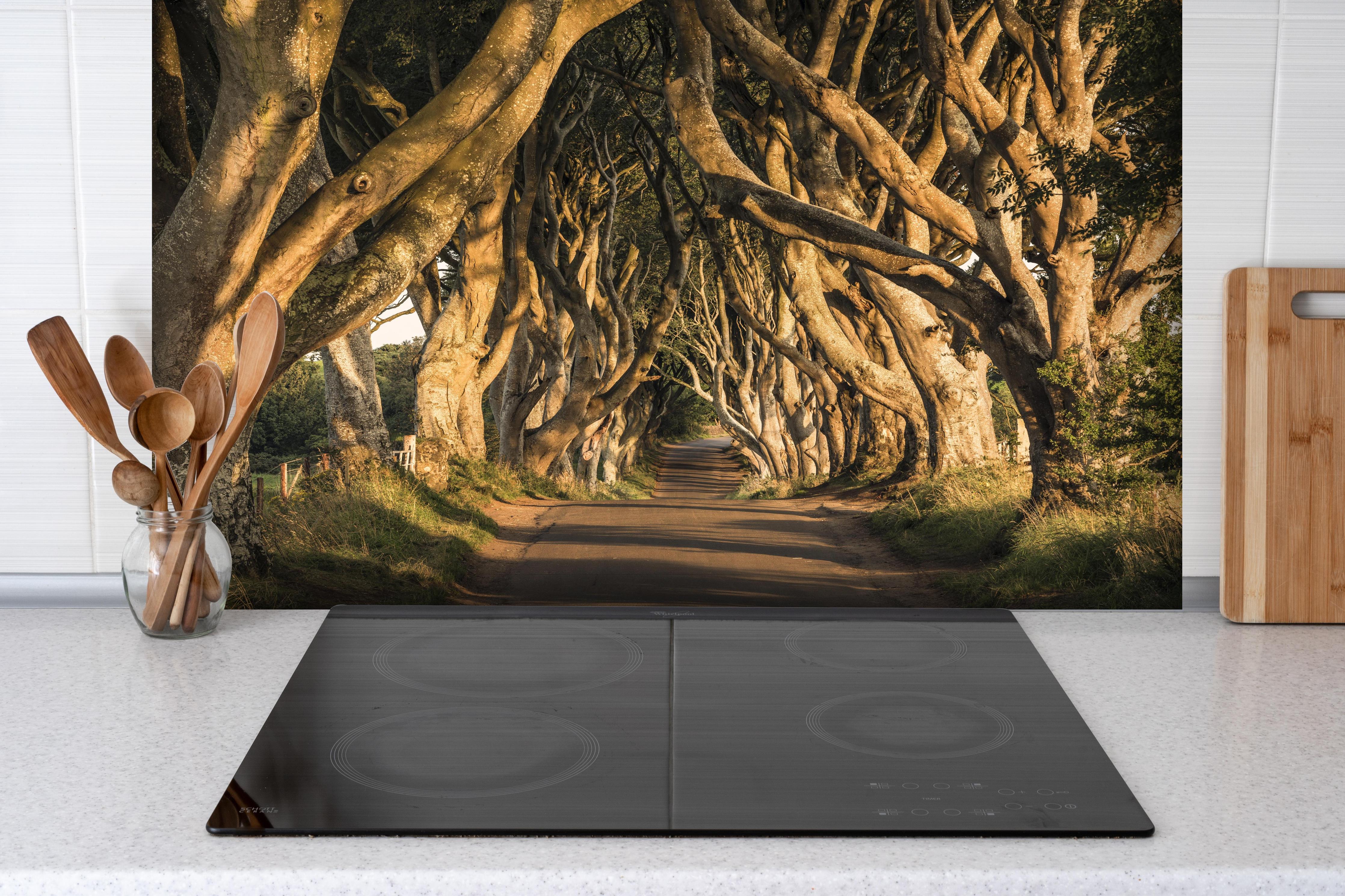 Spritzschutz - The Avenue hinter einem Cerankochfeld zwischen Holz-Kochutensilien