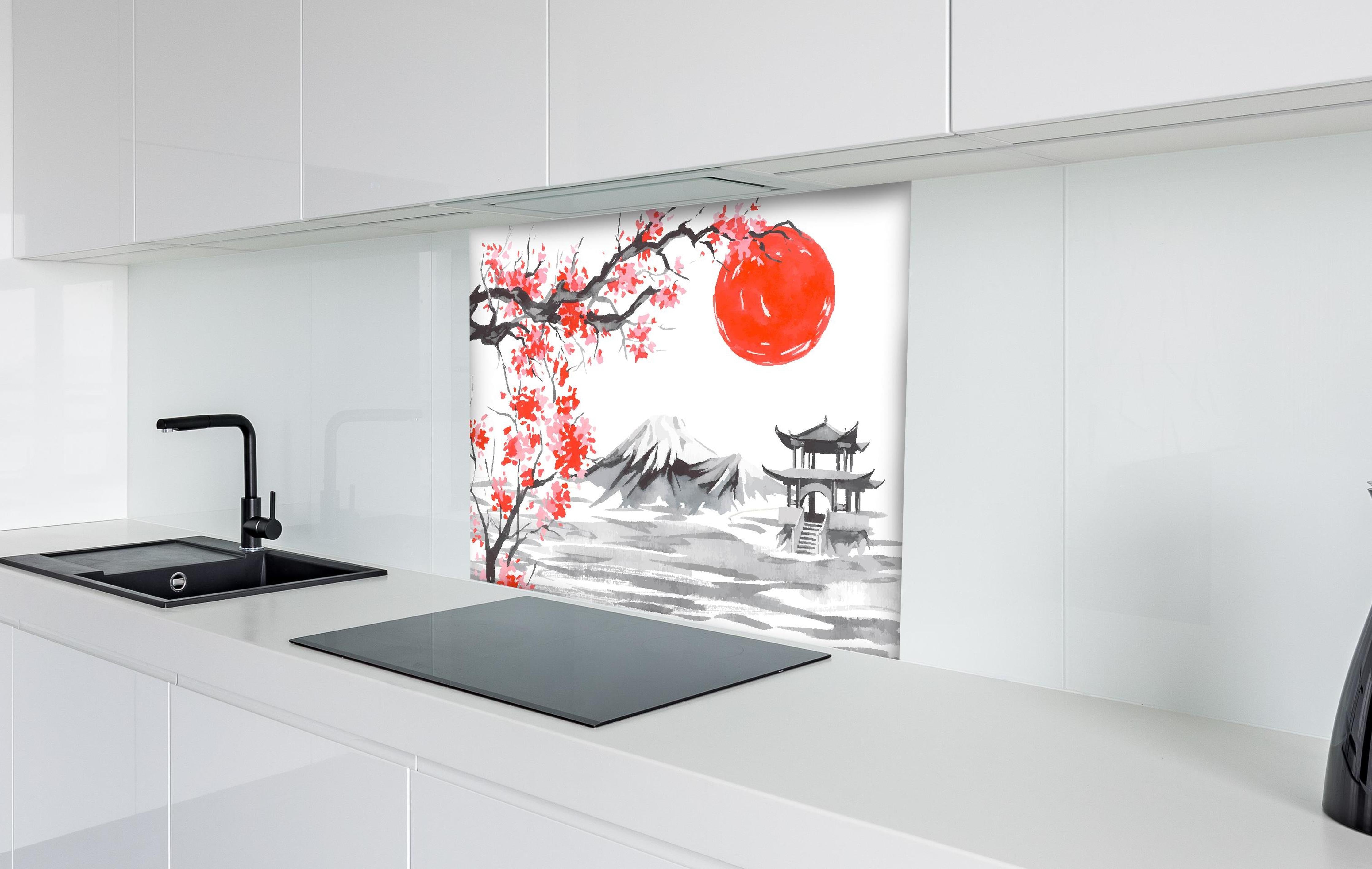Spritzschutz - Traditionelle Japanische Landschaft Aquarell hinter einem Cerankochfeld zwischen Holz-Kochutensilien