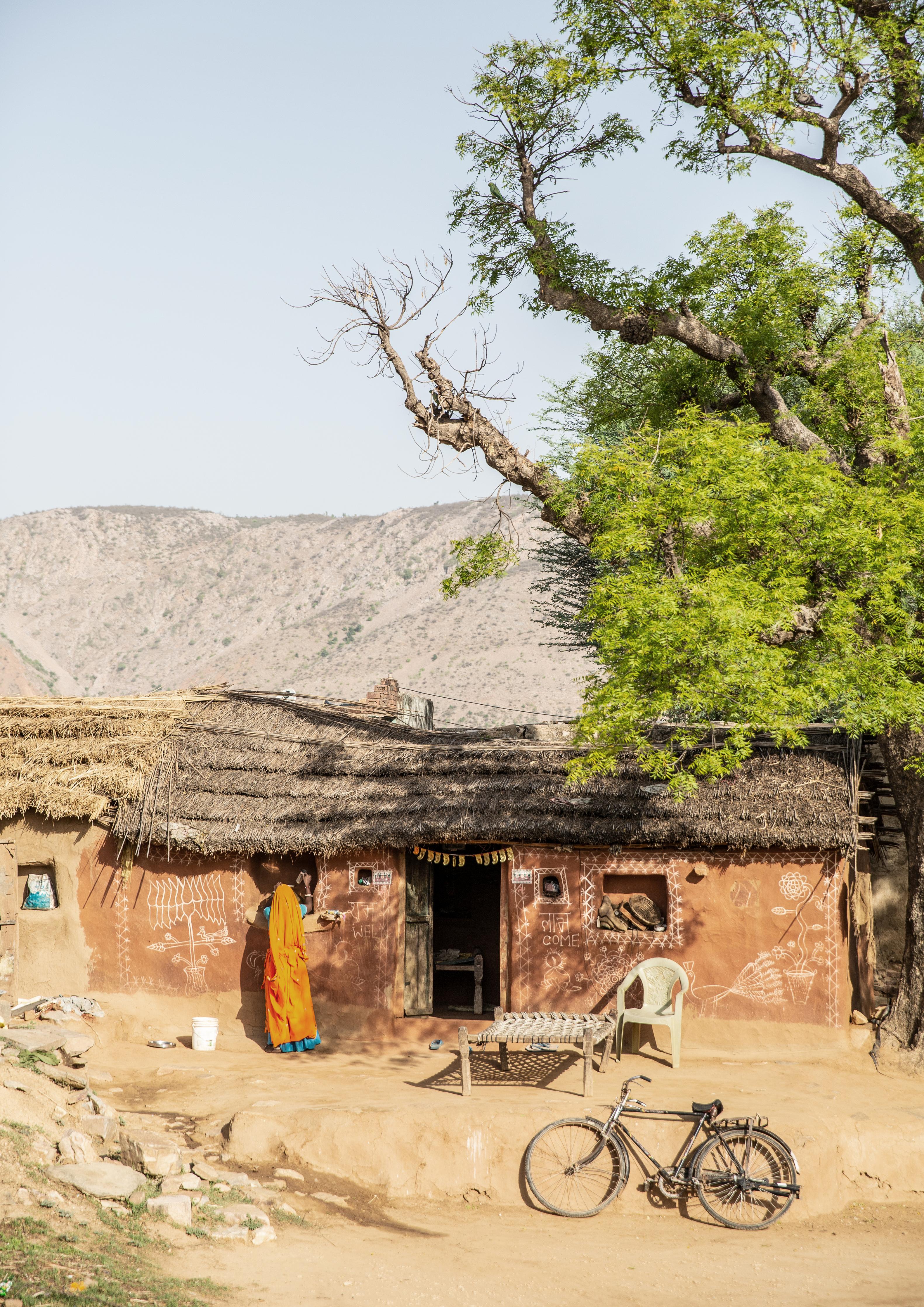Spritzschutz-Traditionelles Dorf, Baum und Fahrrad