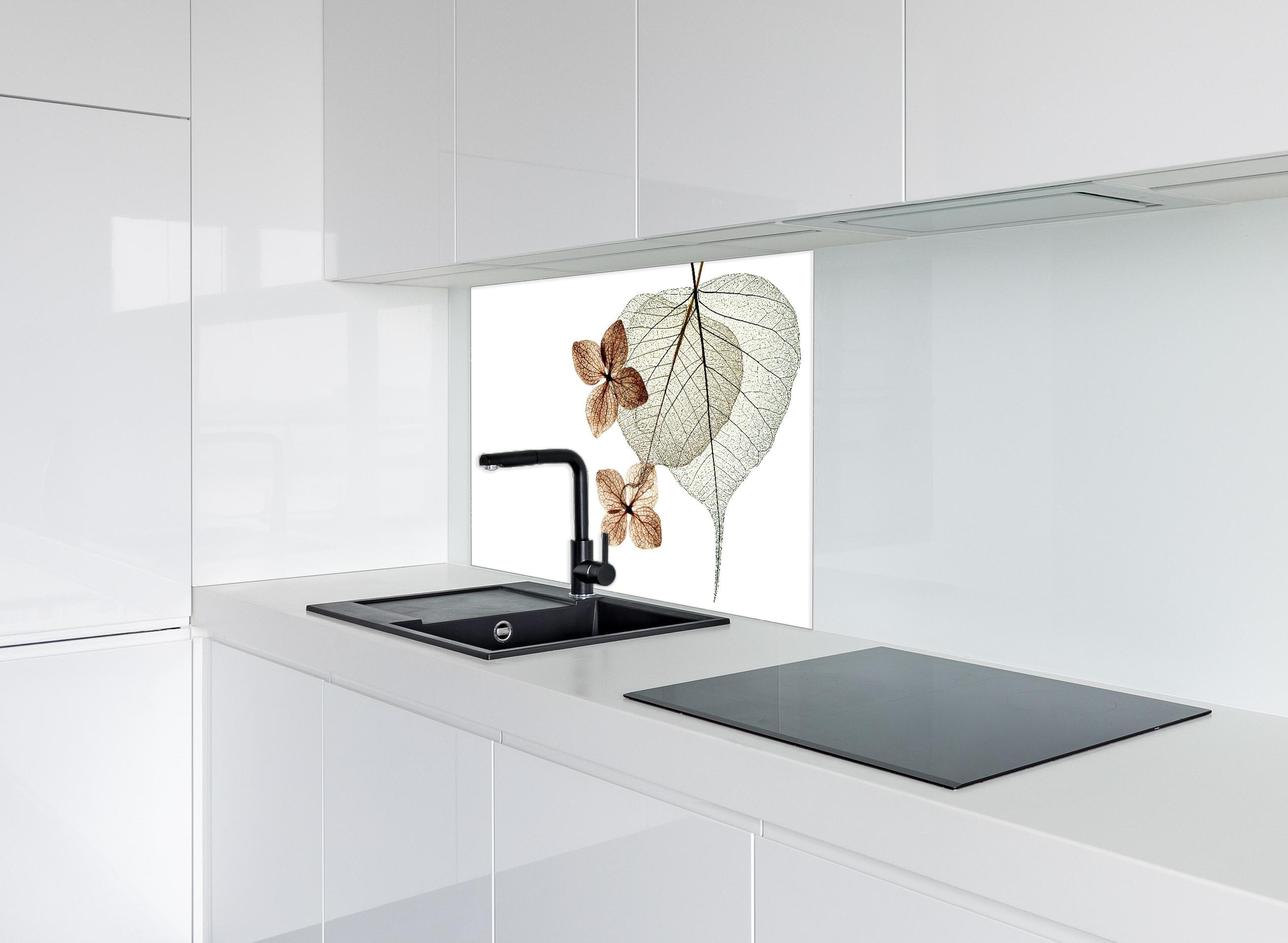 Spritzschutz - Transparente Blattstrukturen in Weiß-Grau hinter einem Cerankochfeld zwischen Holz-Kochutensilien