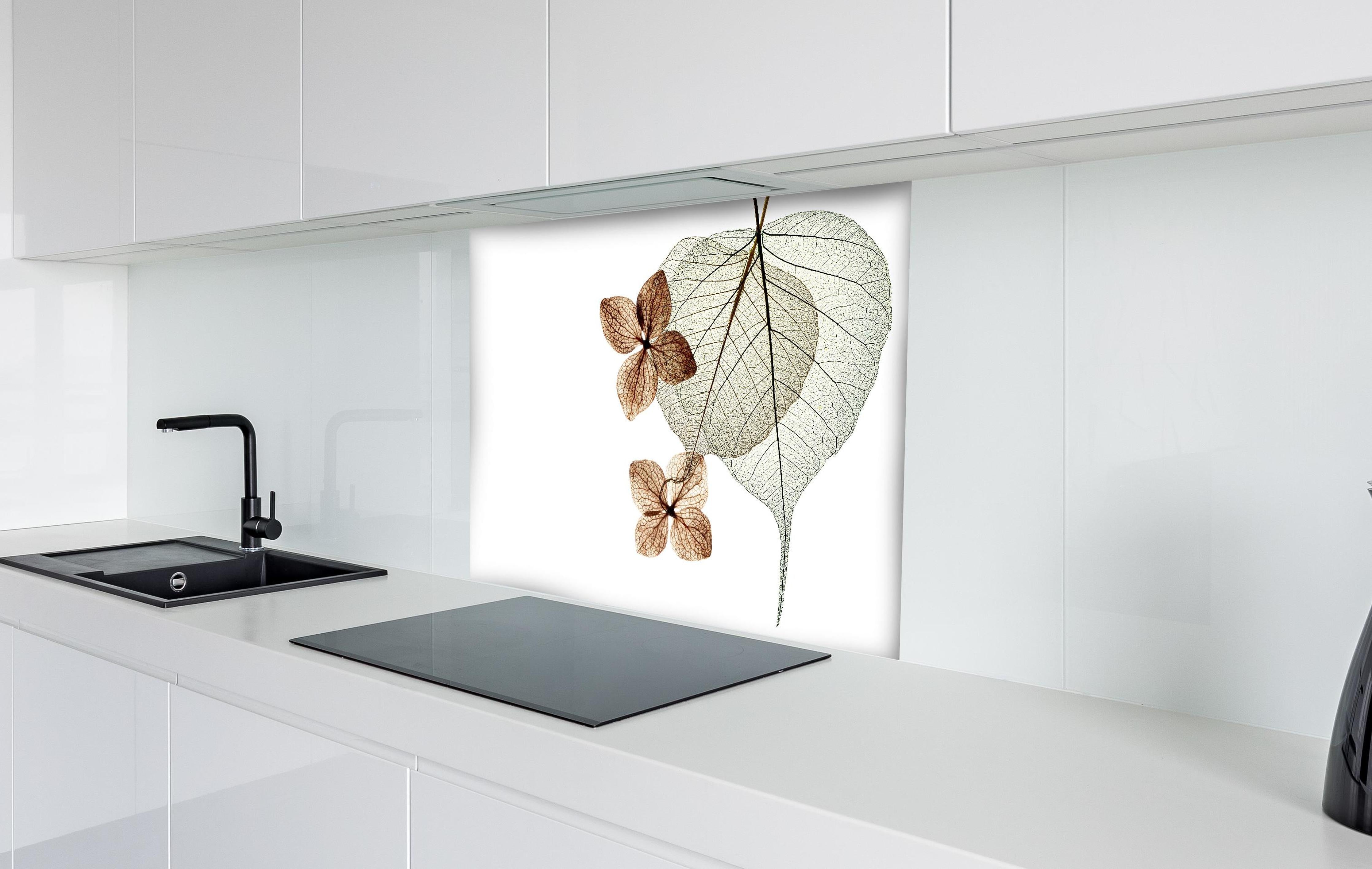 Spritzschutz - Transparente Blattstrukturen in Weiß-Grau hinter einem Cerankochfeld zwischen Holz-Kochutensilien