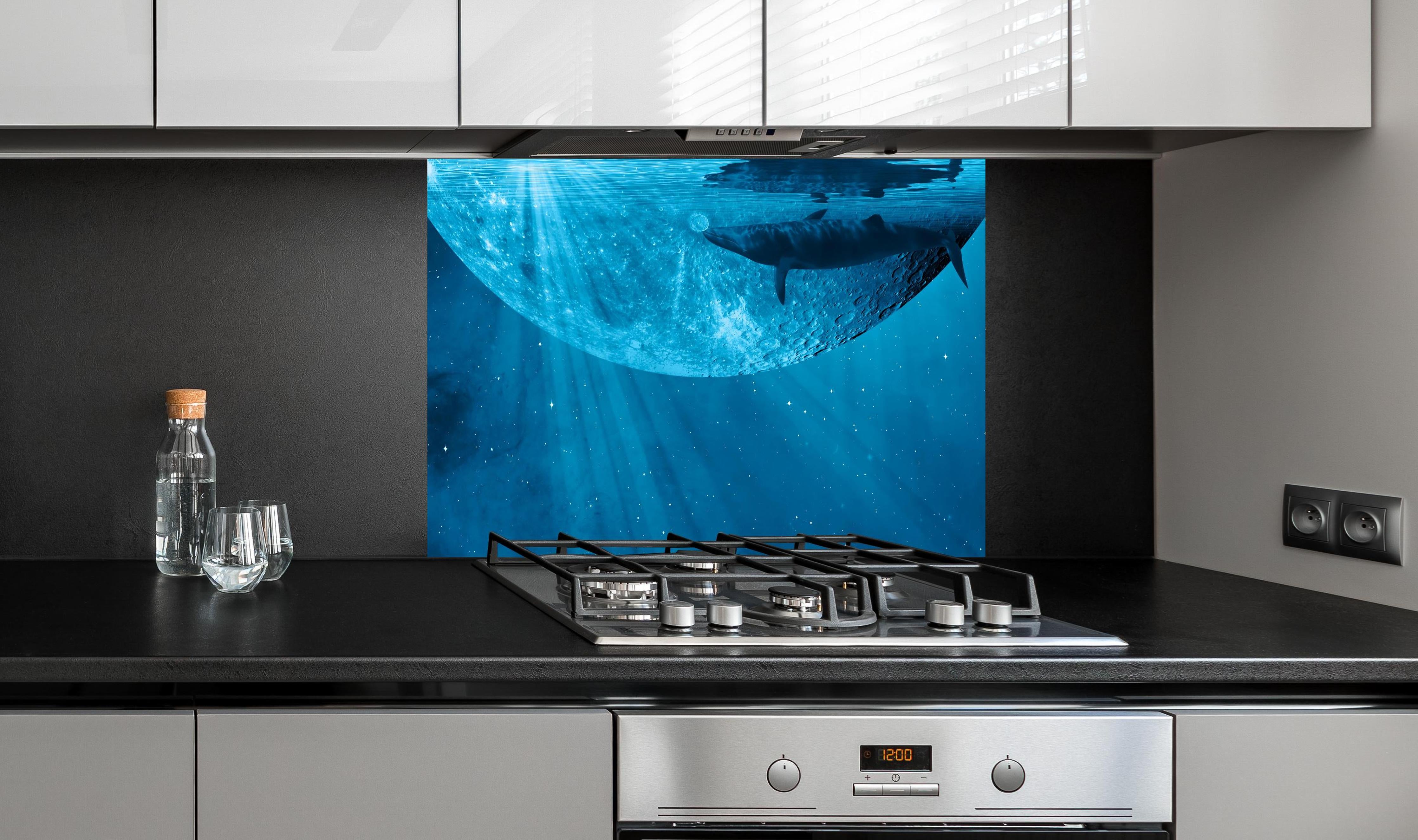 Spritzschutz - Traumbild eines Wals hinter einem Cerankochfeld zwischen Holz-Kochutensilien