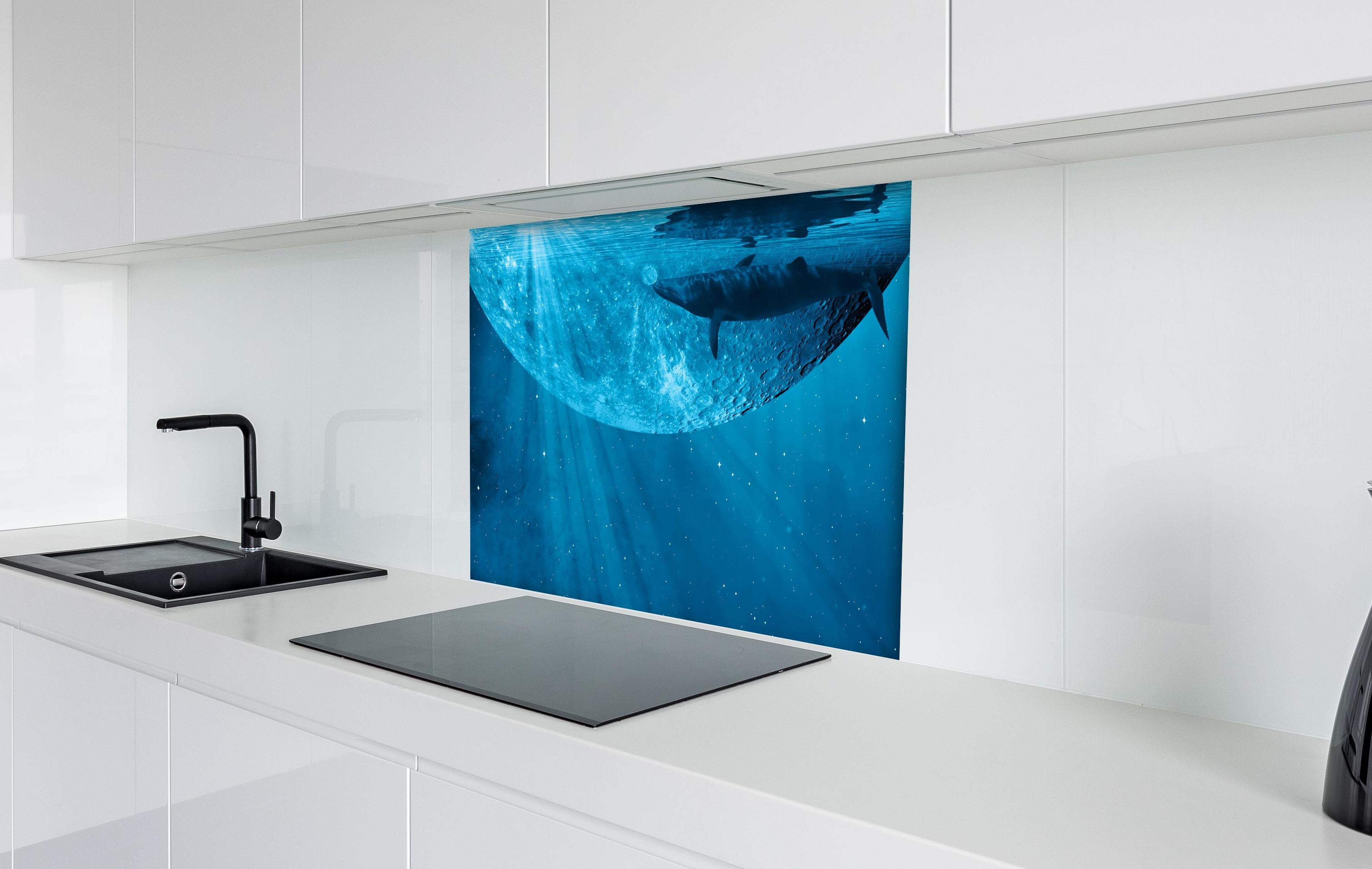Spritzschutz - Traumbild eines Wals hinter einem Cerankochfeld zwischen Holz-Kochutensilien