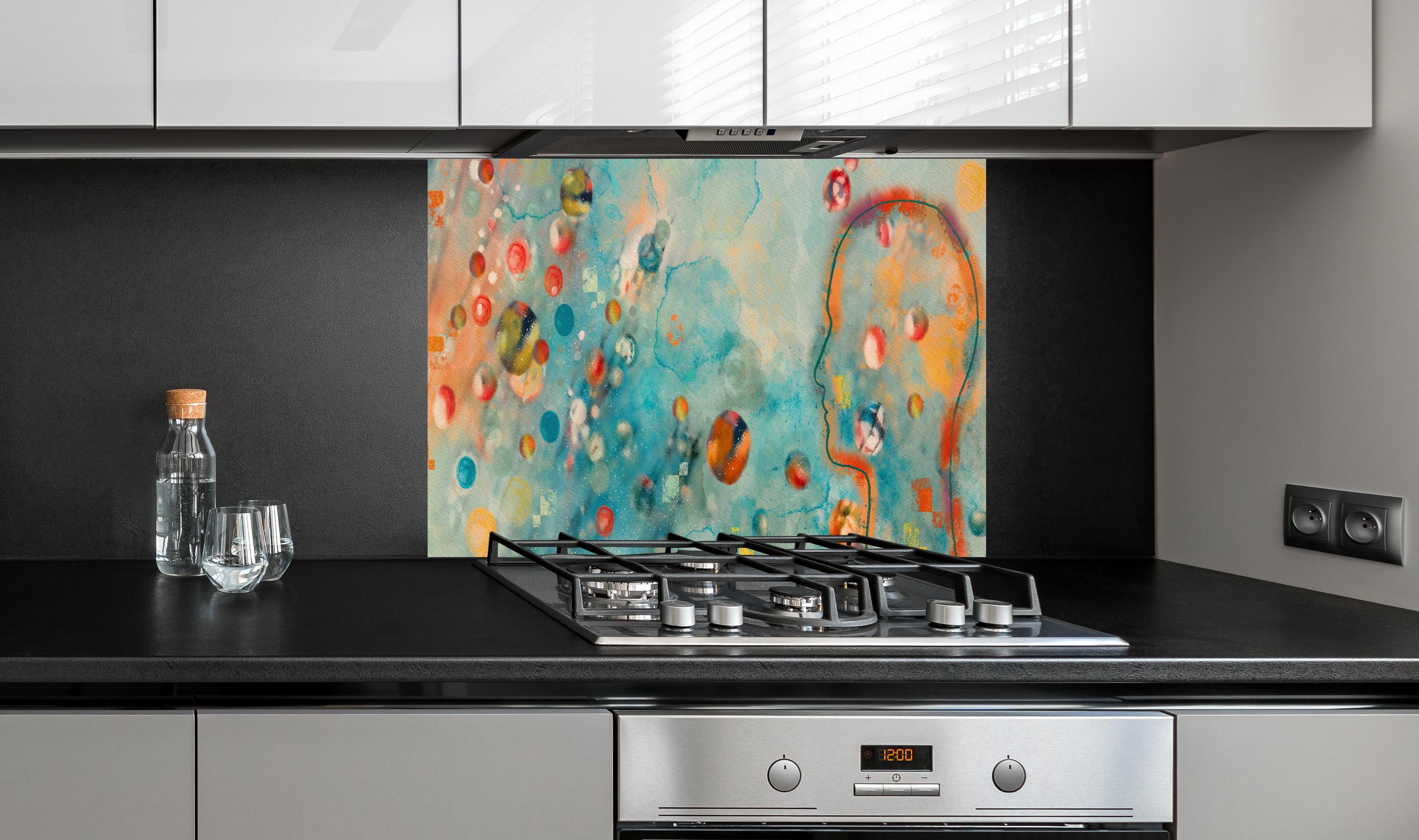 Spritzschutz - Traumhaftes Aquarell Kunstkonzept Design hinter einem Cerankochfeld zwischen Holz-Kochutensilien