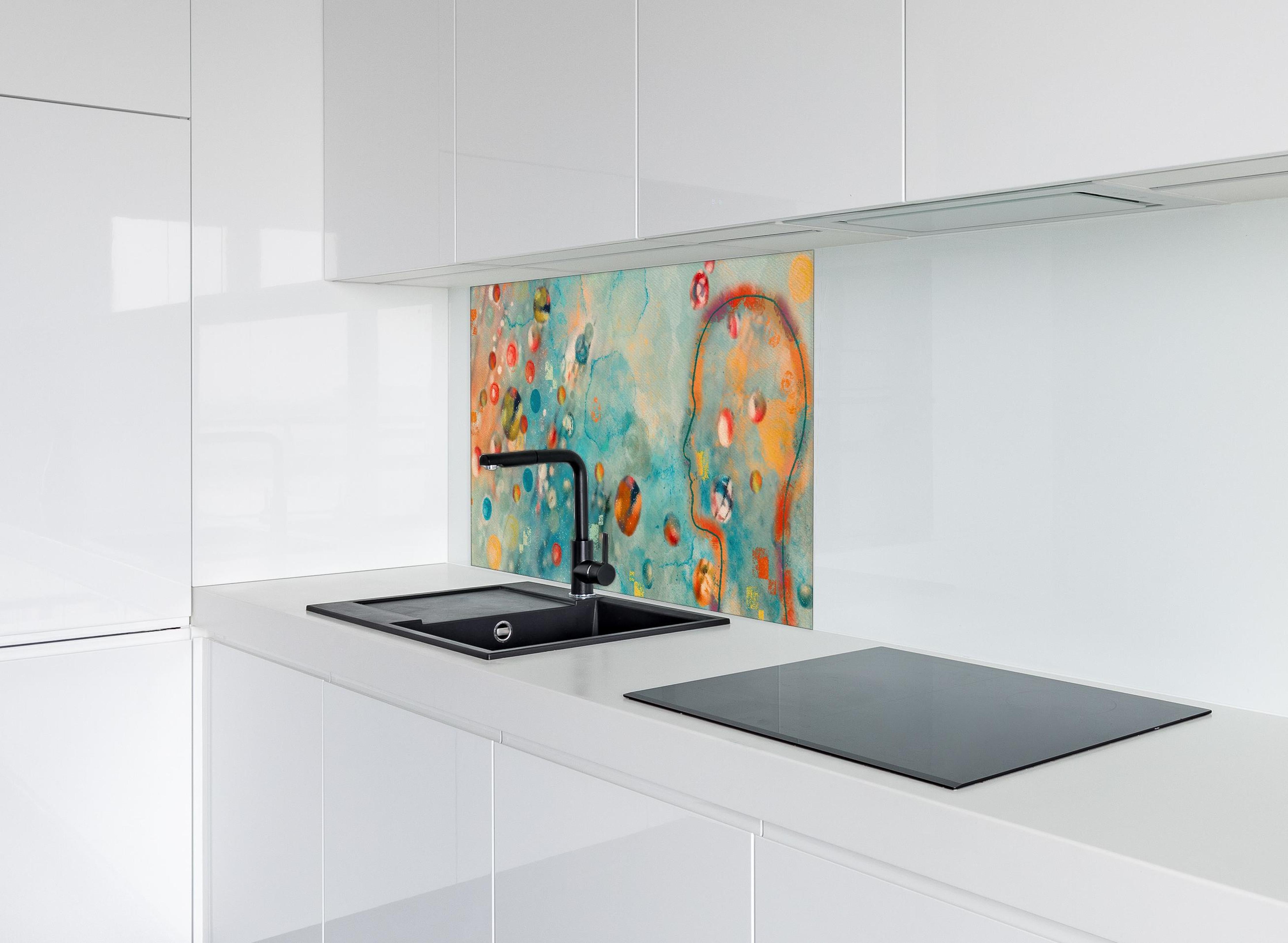 Spritzschutz - Traumhaftes Aquarell Kunstkonzept Design hinter einem Cerankochfeld zwischen Holz-Kochutensilien