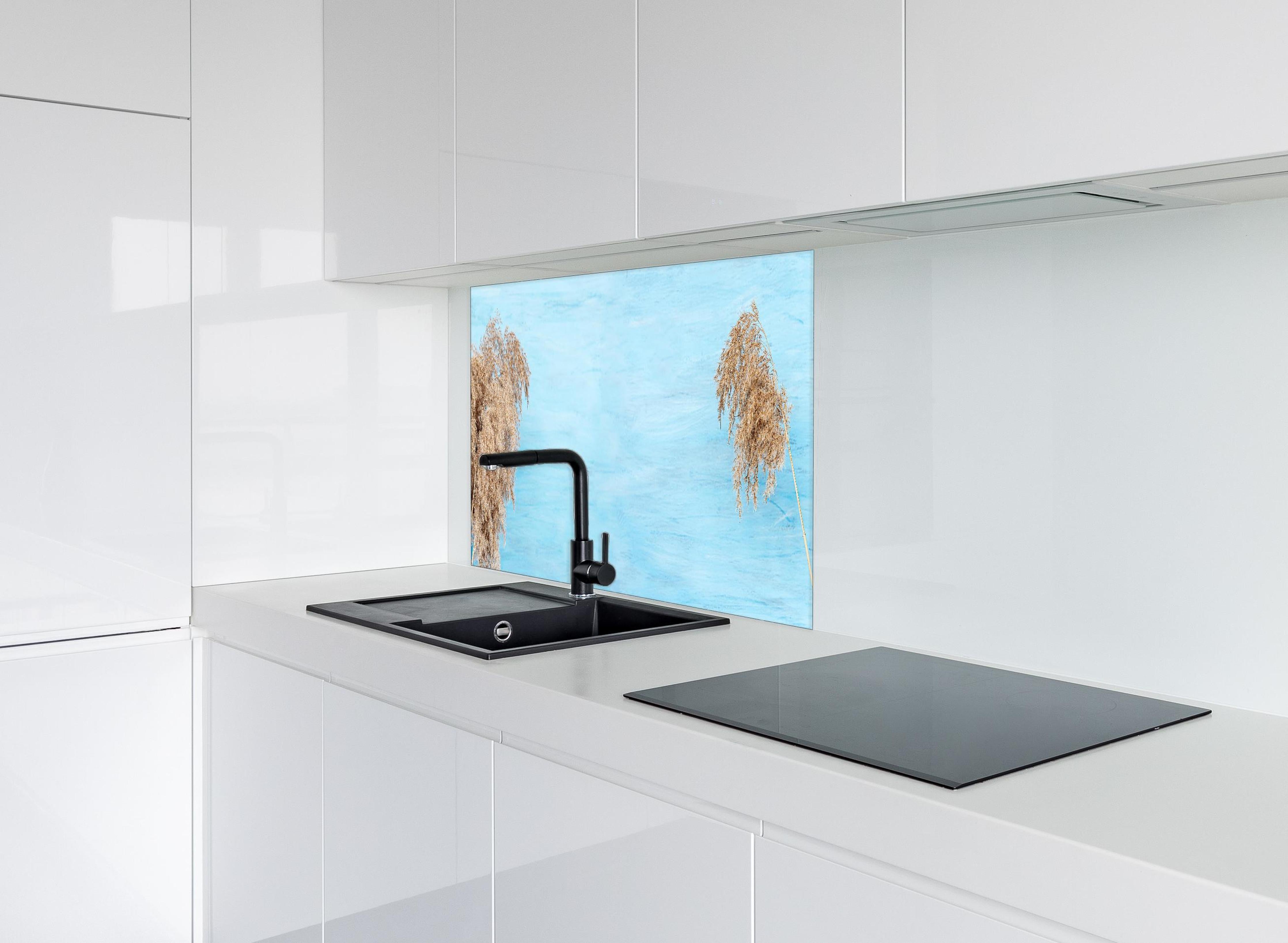 Spritzschutz - Trockene Pflanzen über dem Meer hinter einem Cerankochfeld zwischen Holz-Kochutensilien