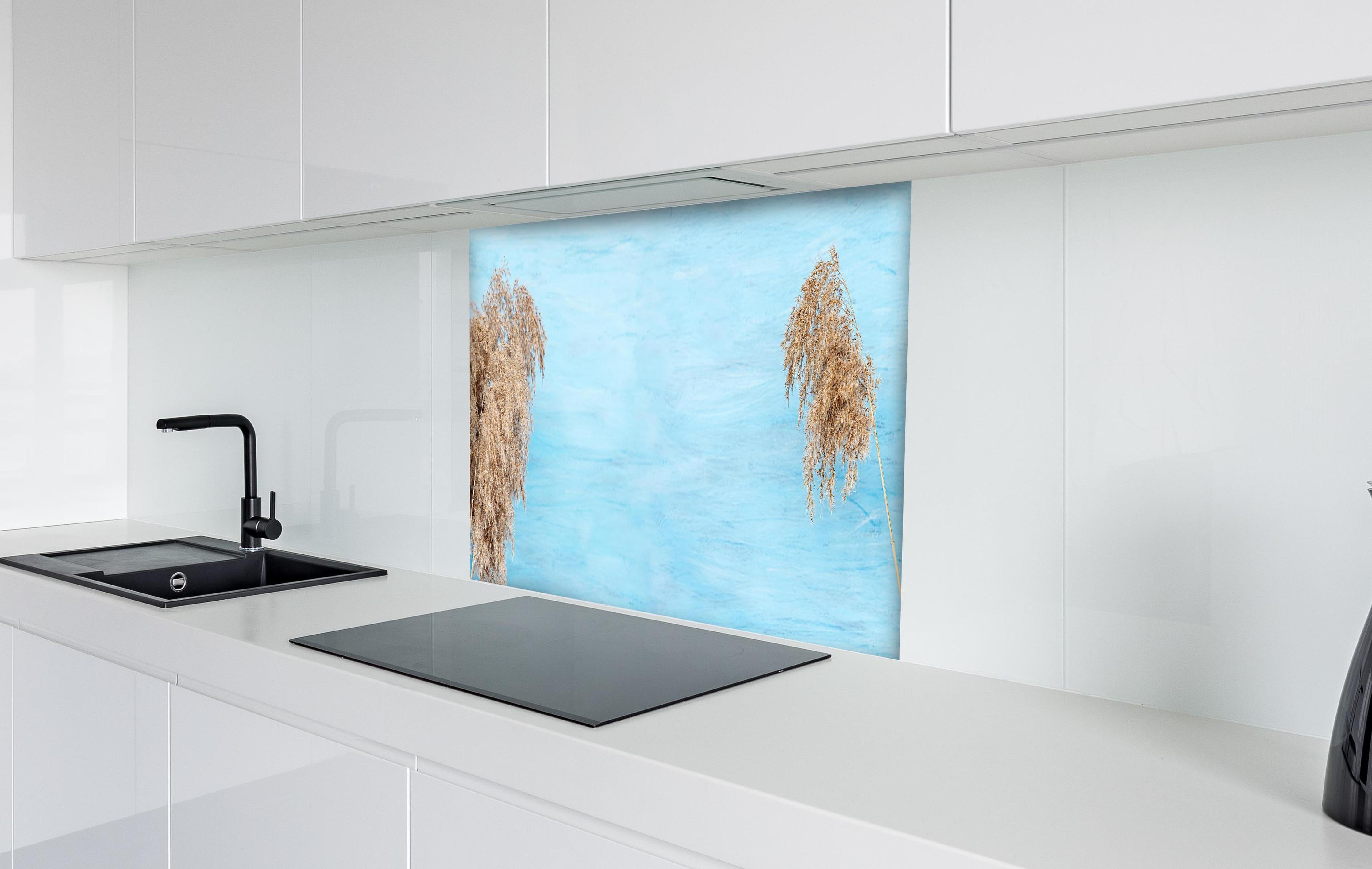 Spritzschutz - Trockene Pflanzen über dem Meer hinter einem Cerankochfeld zwischen Holz-Kochutensilien