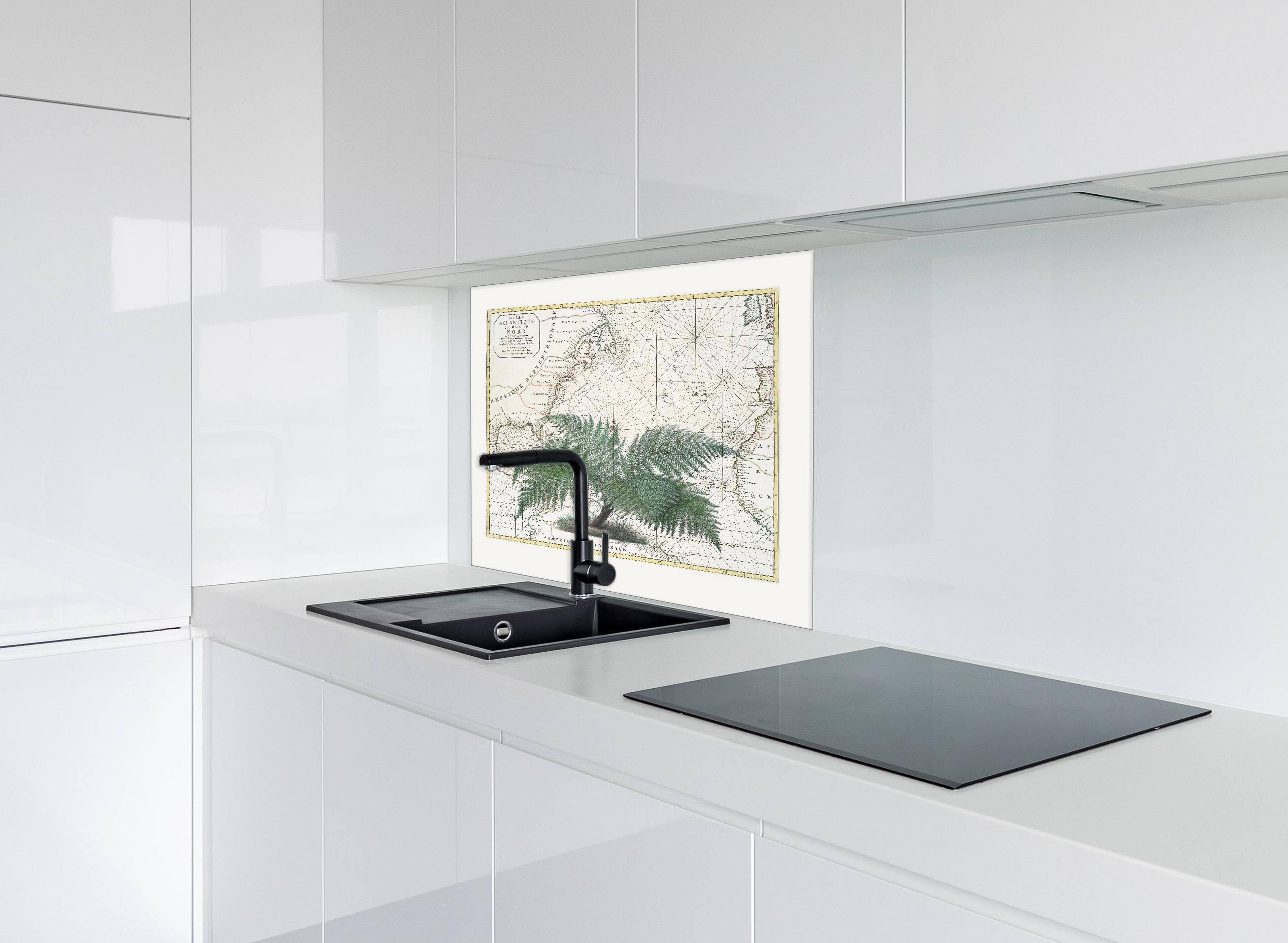 Spritzschutz - Tropical Empire No4 hinter einem Cerankochfeld zwischen Holz-Kochutensilien