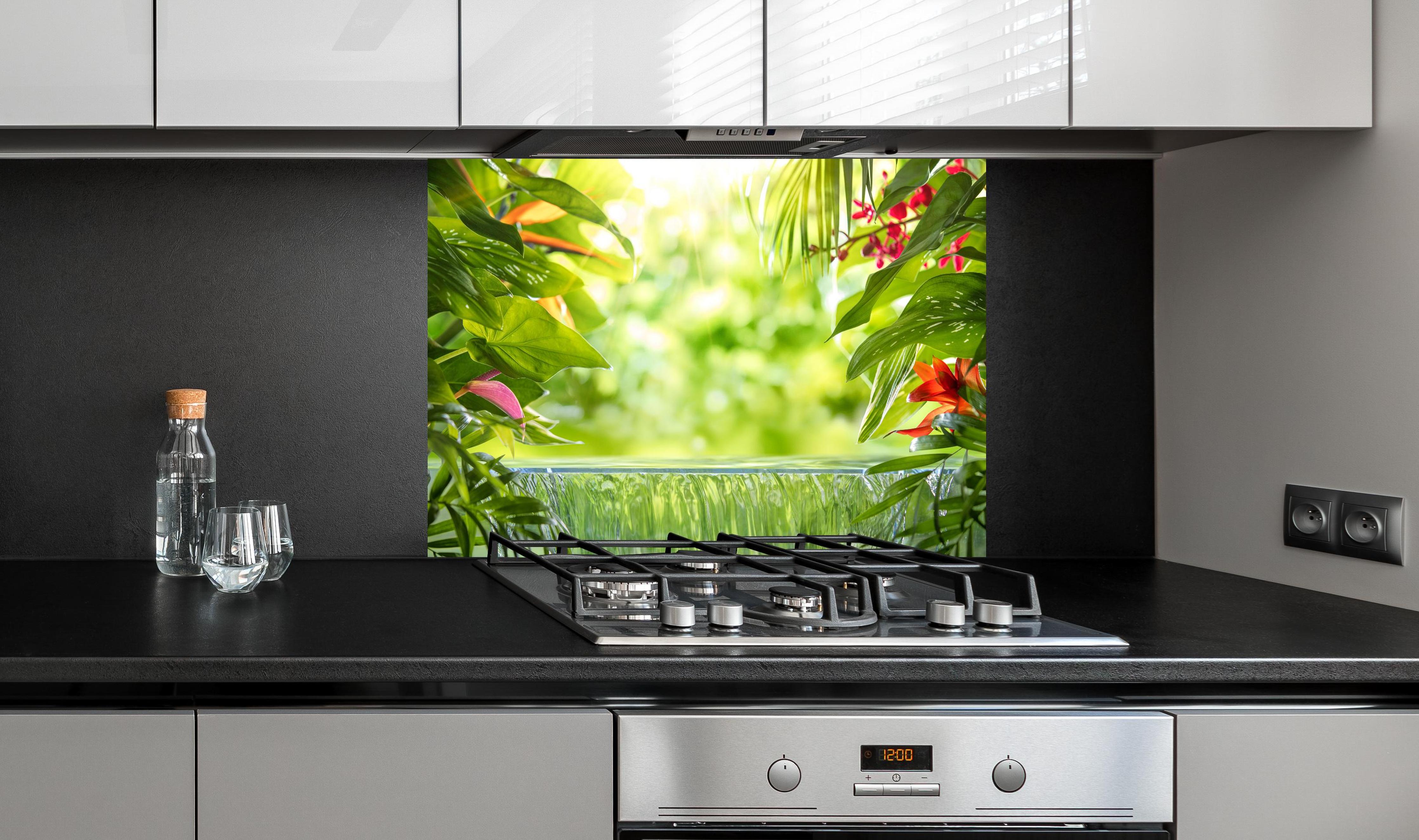 Spritzschutz - Tropische Palmenblätter im Amazonas hinter einem Cerankochfeld zwischen Holz-Kochutensilien