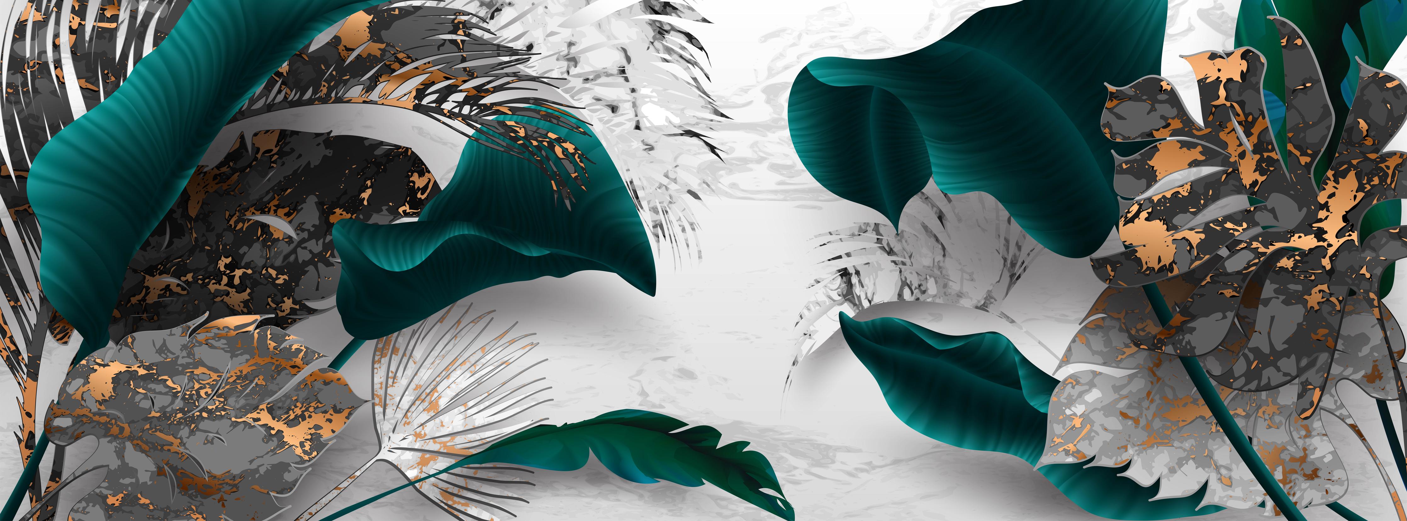 Spritzschutz-Türkis-Graue Blattkunst mit Goldakzenten