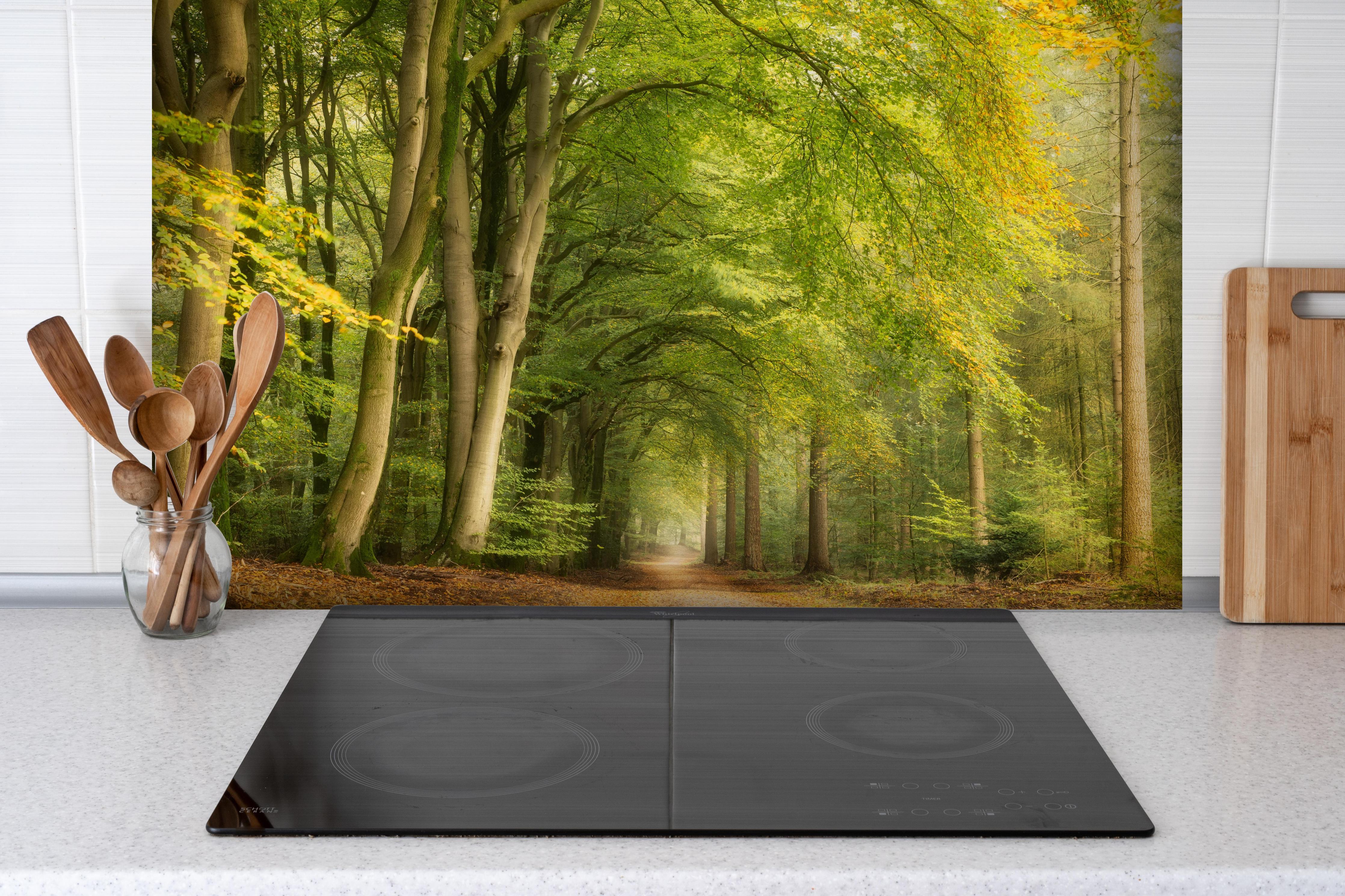 Spritzschutz - Tunnel Vision hinter einem Cerankochfeld zwischen Holz-Kochutensilien