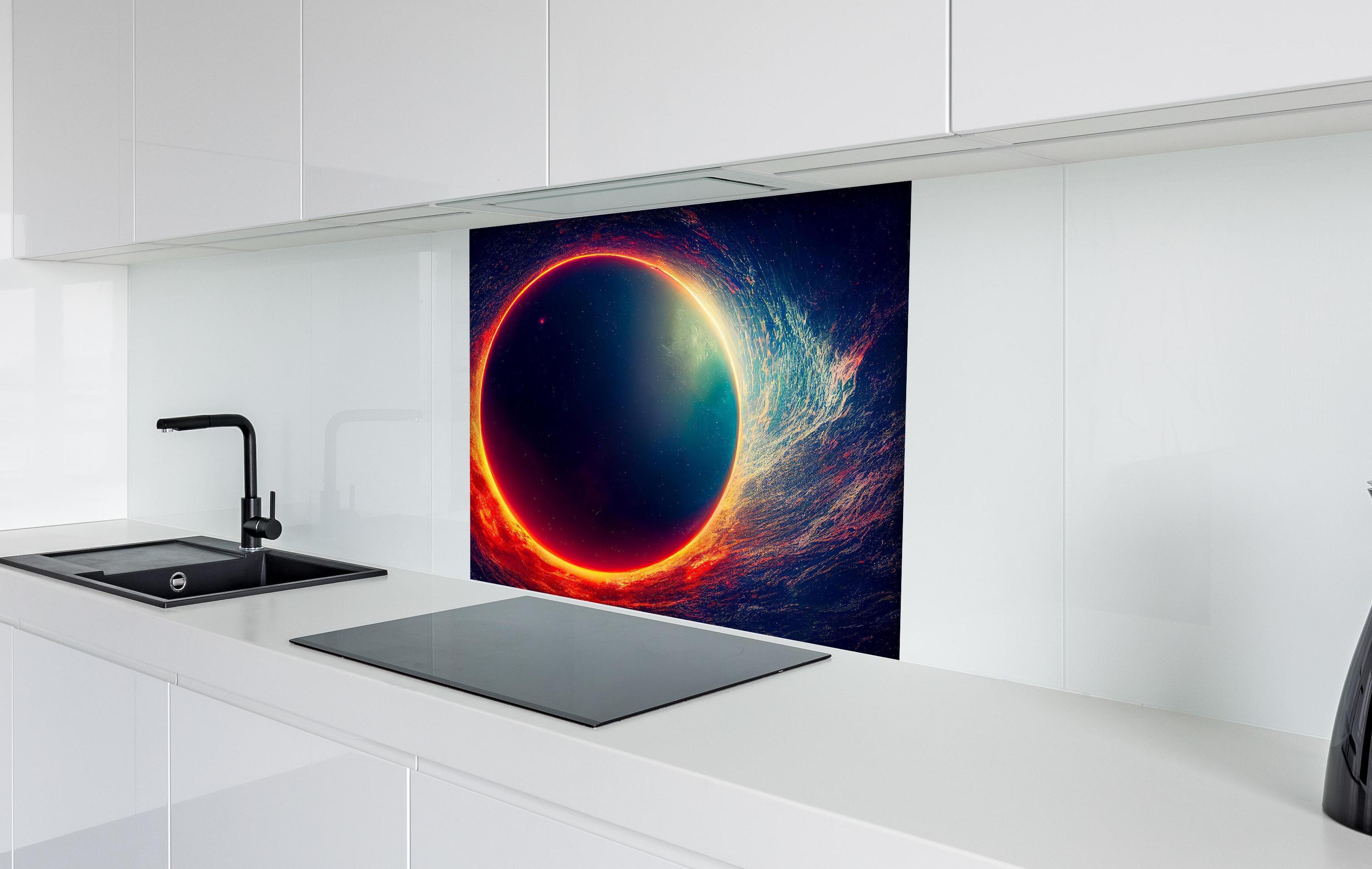 Spritzschutz - Universumsszene mit Planeten hinter einem Cerankochfeld zwischen Holz-Kochutensilien