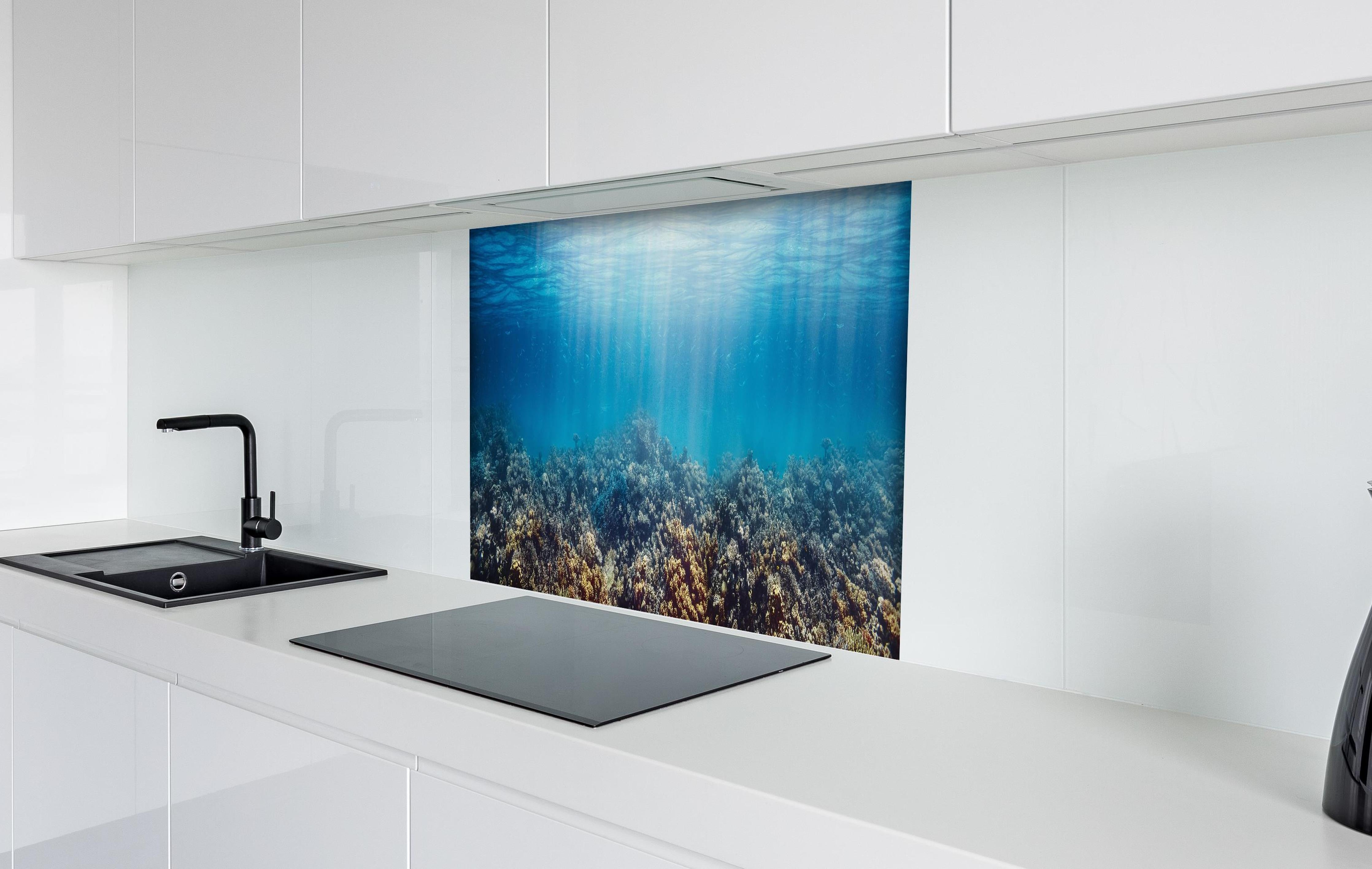 Spritzschutz - Unterwasser-Korallenriff im Roten Meer hinter einem Cerankochfeld zwischen Holz-Kochutensilien