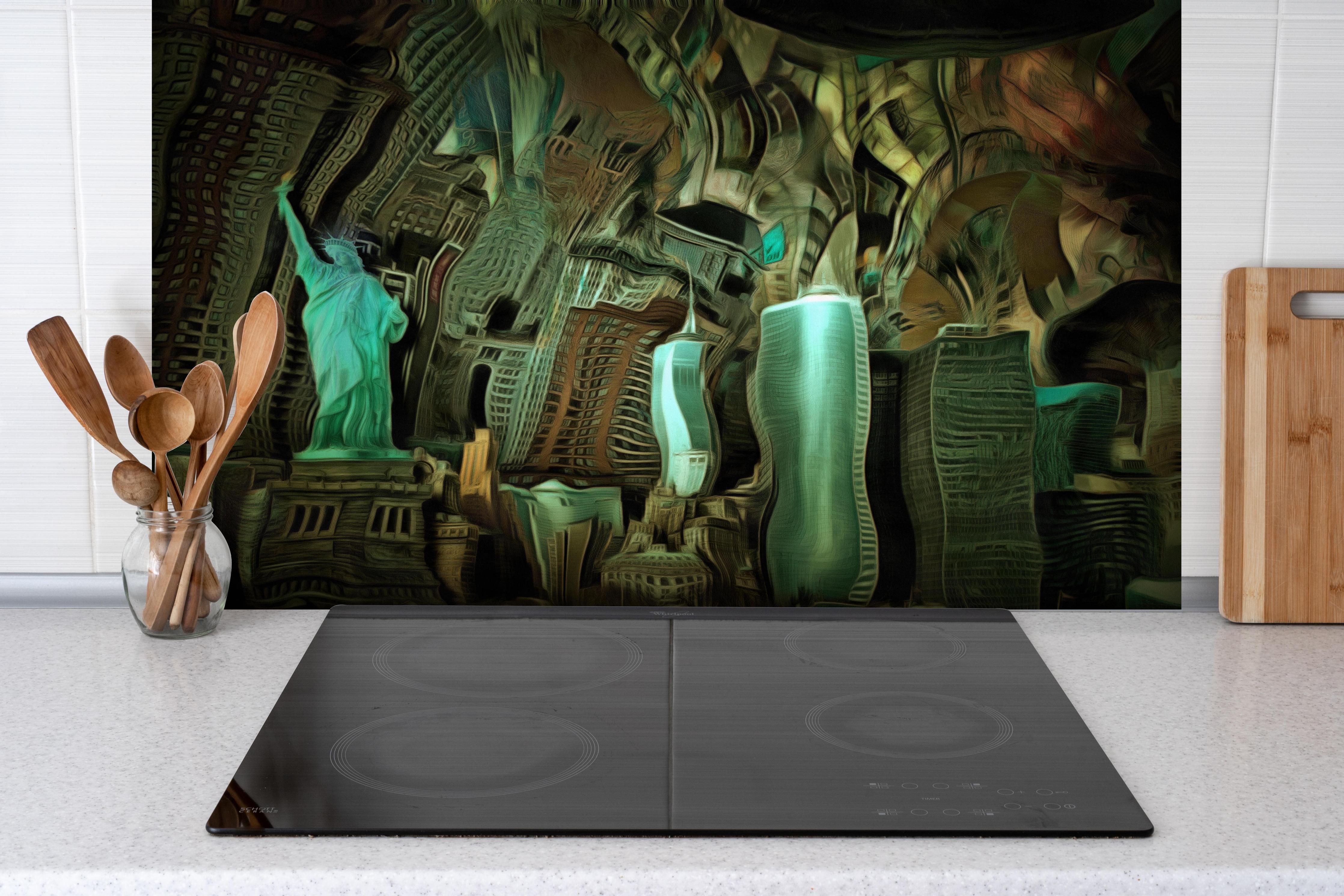 Spritzschutz - Verdrehtes Portrait - New York hinter einem Cerankochfeld zwischen Holz-Kochutensilien