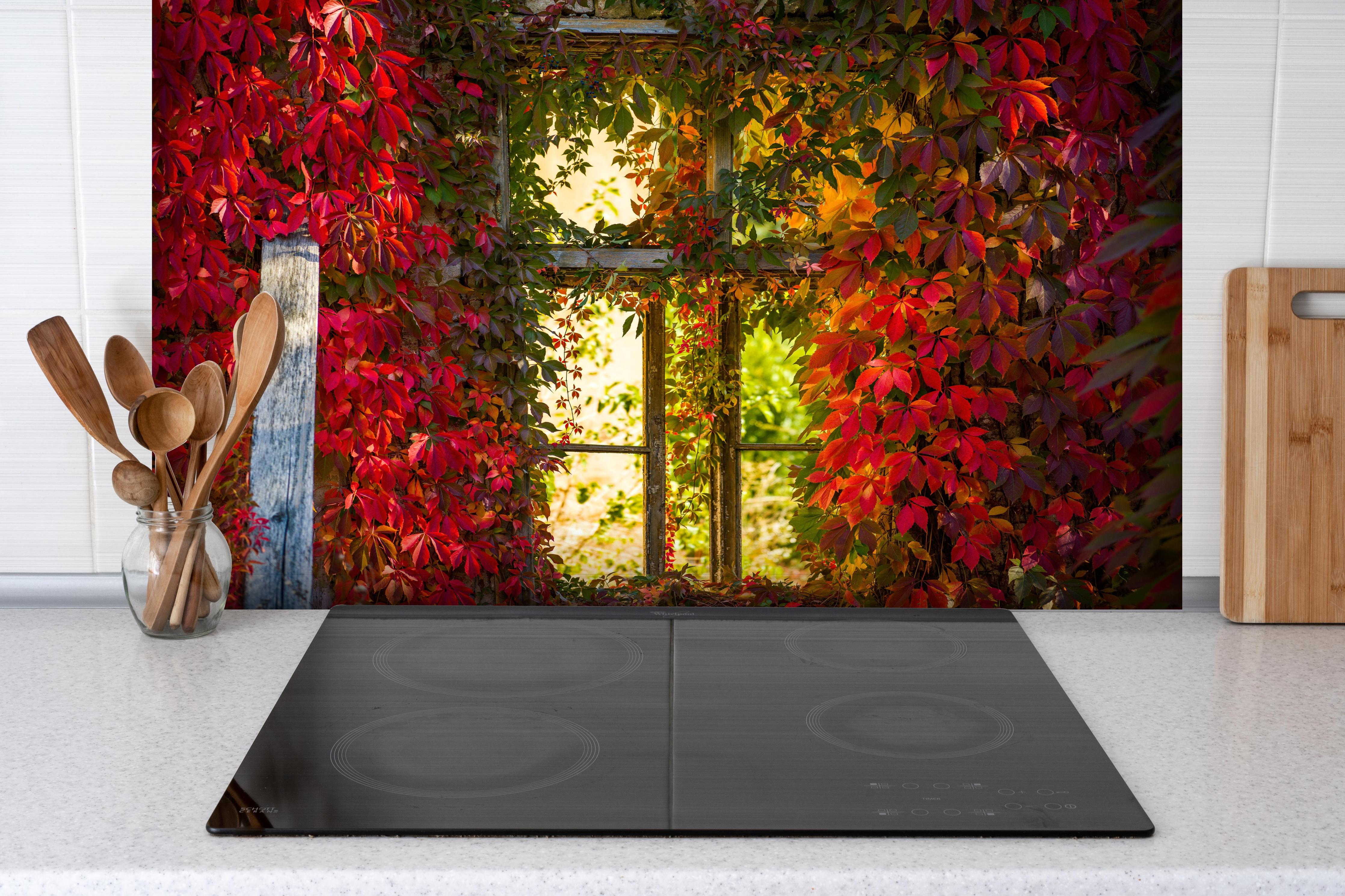 Spritzschutz - Verwachsenes Fenster mit roten Blättern hinter einem Cerankochfeld zwischen Holz-Kochutensilien