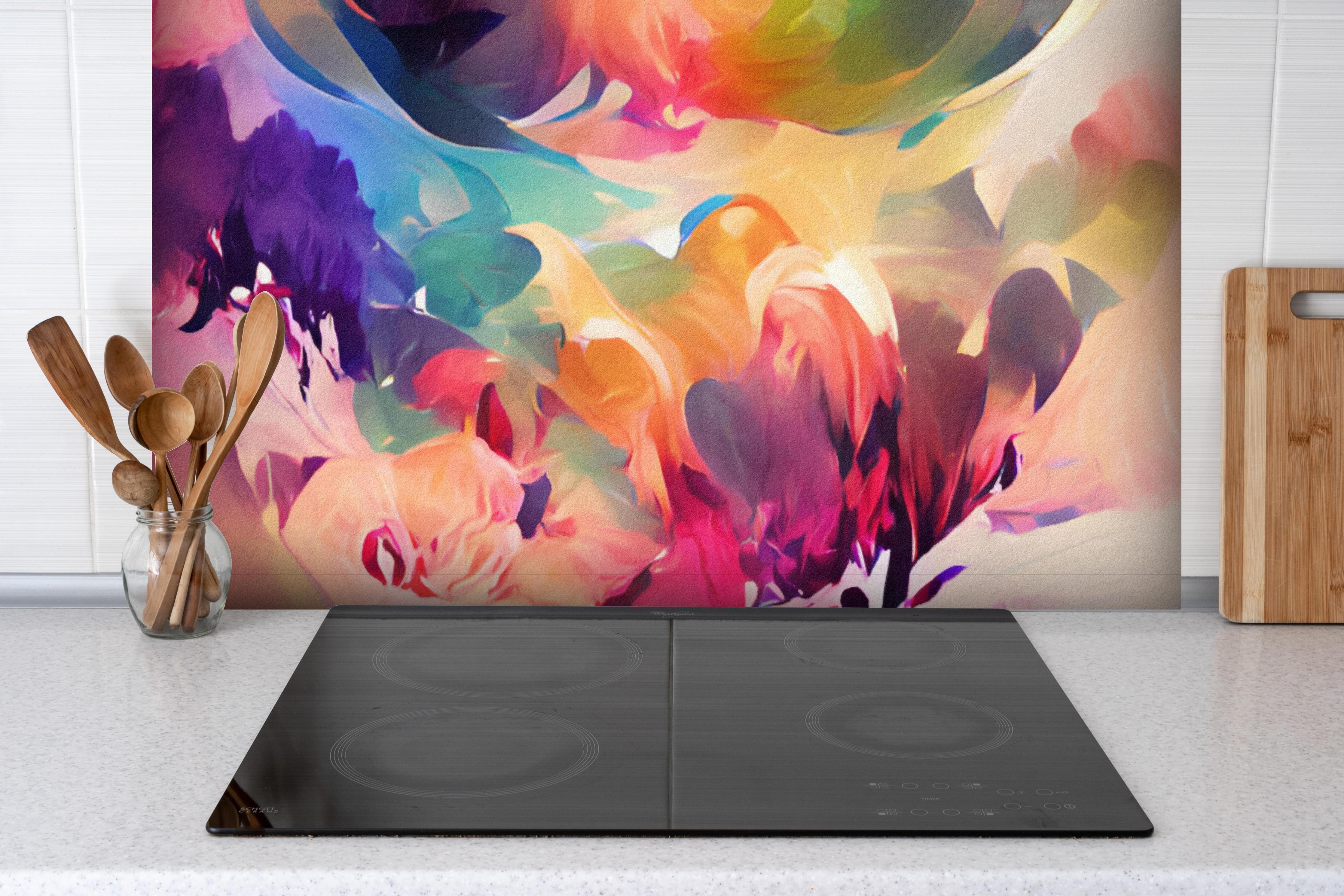 Spritzschutz - Vibrante Abstrakte Farbkunst Kreation hinter einem Cerankochfeld zwischen Holz-Kochutensilien