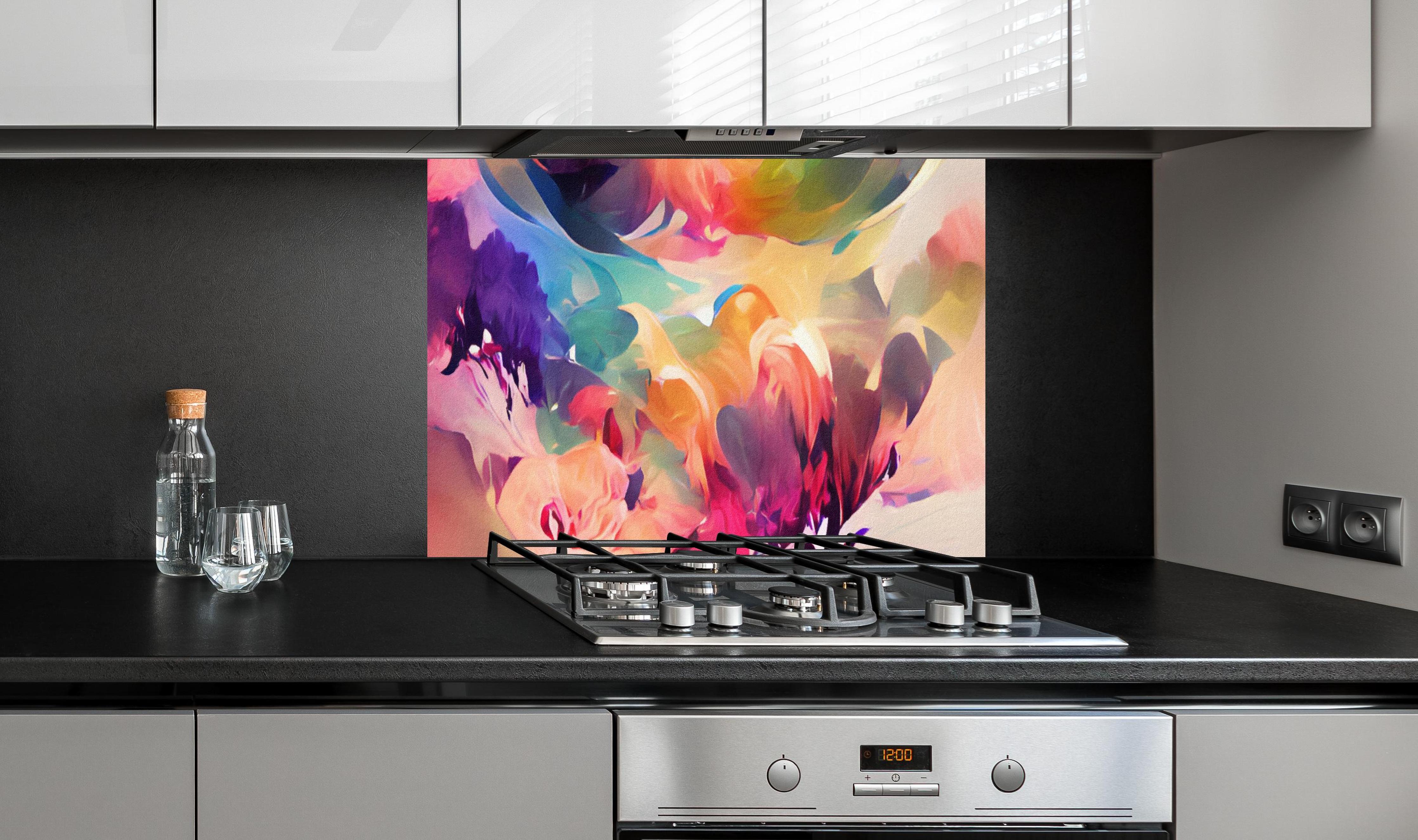 Spritzschutz - Vibrante Abstrakte Farbkunst Kreation hinter einem Cerankochfeld zwischen Holz-Kochutensilien