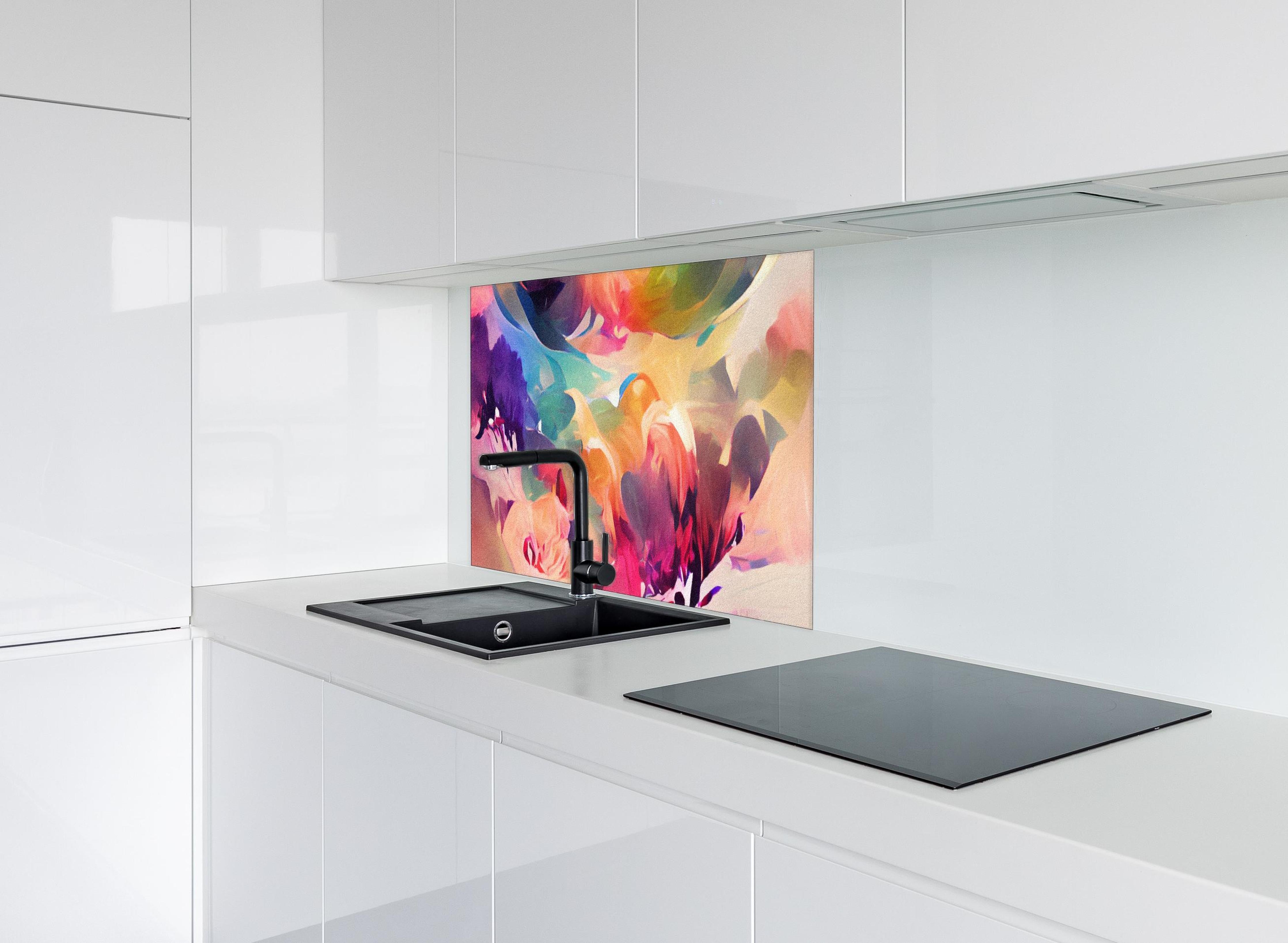 Spritzschutz - Vibrante Abstrakte Farbkunst Kreation hinter einem Cerankochfeld zwischen Holz-Kochutensilien