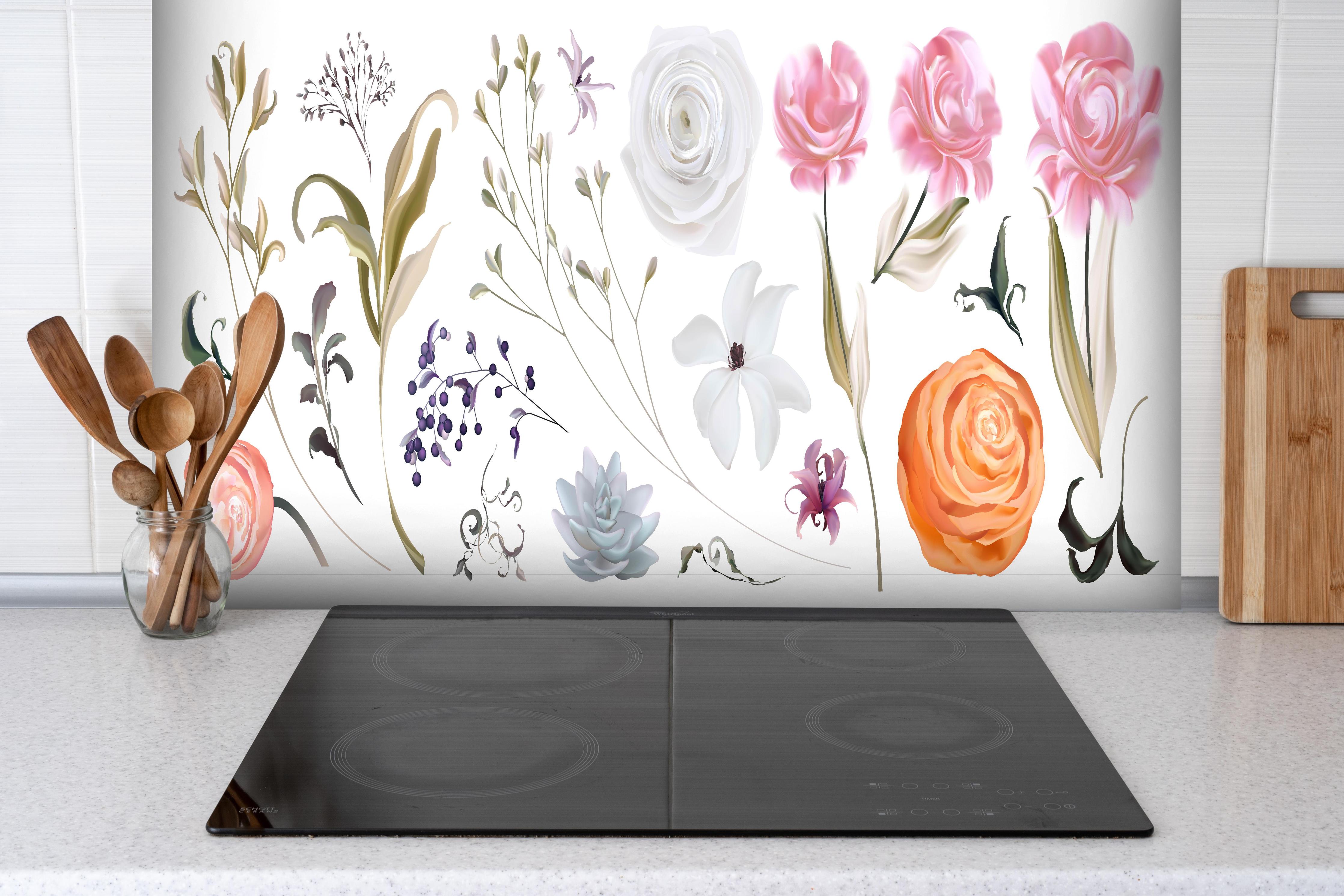 Spritzschutz - Vielseitiges Blumen Illustrationen Set hinter einem Cerankochfeld zwischen Holz-Kochutensilien