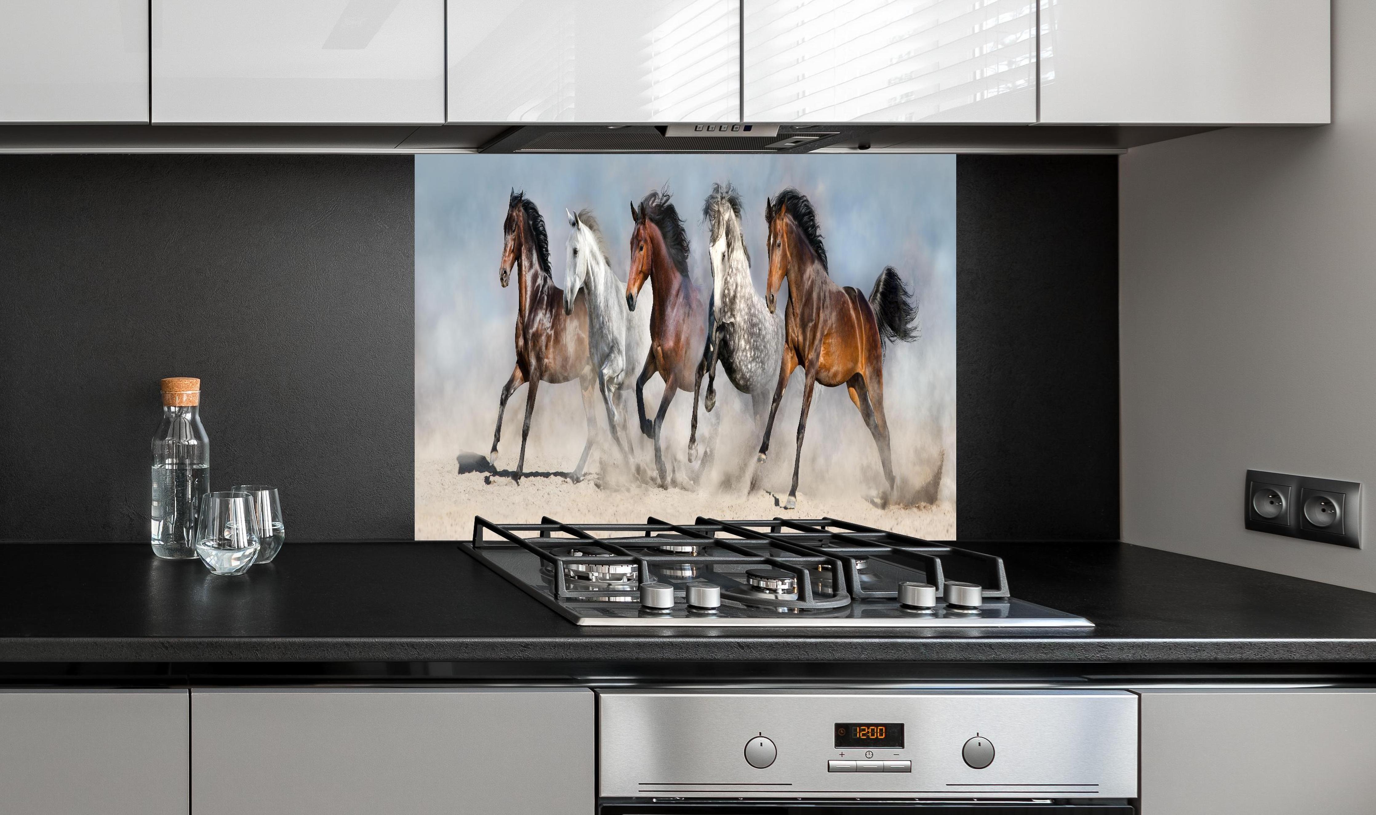 Spritzschutz - Vier Pferde rennen Sandwolke Himmel hinter einem Cerankochfeld zwischen Holz-Kochutensilien