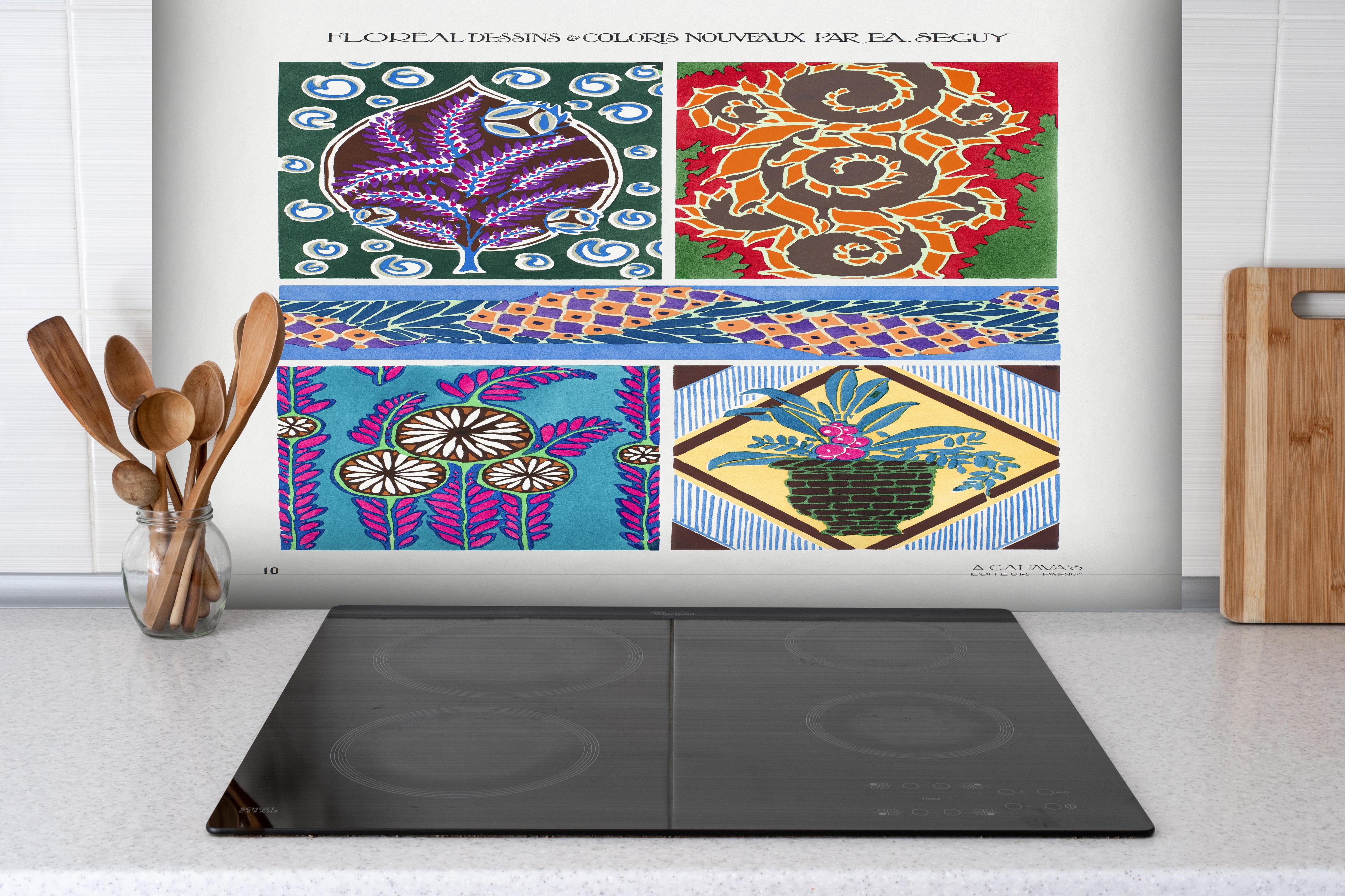 Spritzschutz - Vintage Floral Kunst Muster Poster hinter einem Cerankochfeld zwischen Holz-Kochutensilien