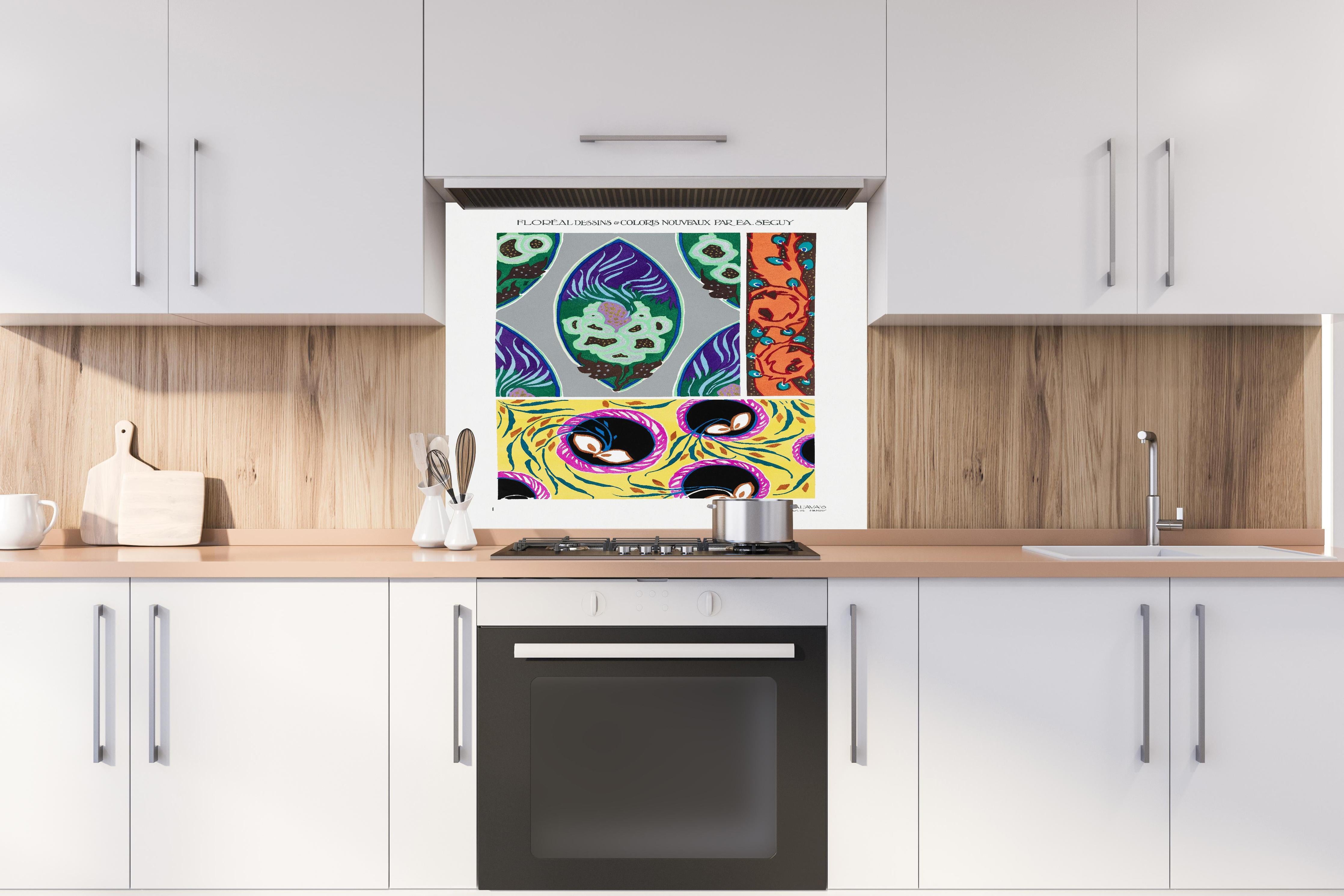 Spritzschutz - Vintage Kollage - Französisch hinter einem Cerankochfeld zwischen Holz-Kochutensilien