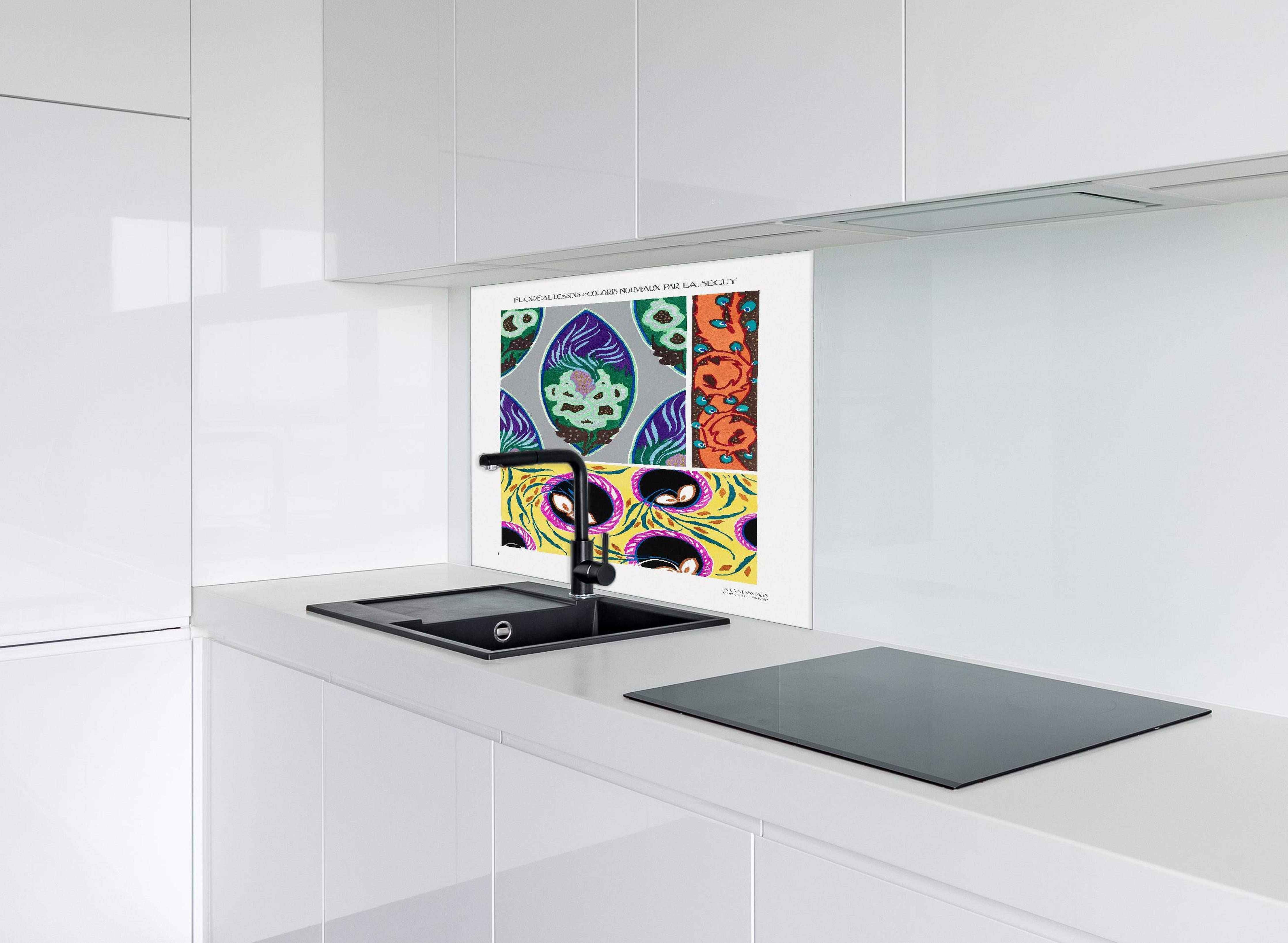 Spritzschutz - Vintage Kollage - Französisch hinter einem Cerankochfeld zwischen Holz-Kochutensilien