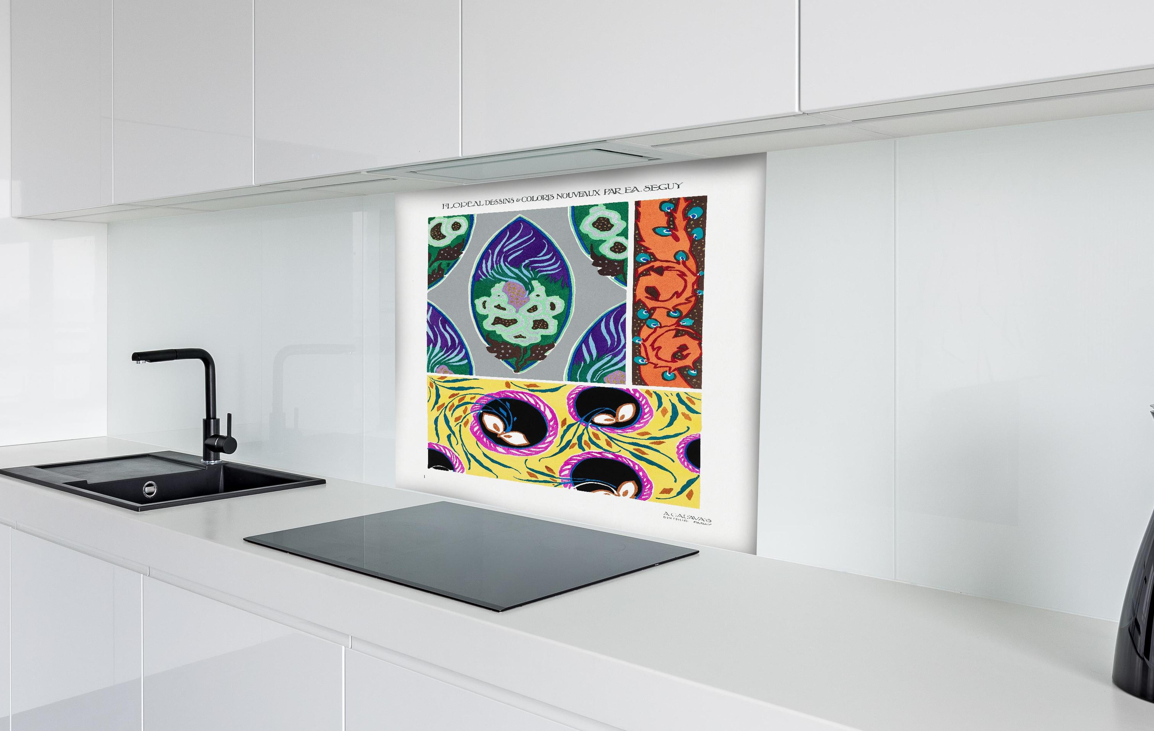 Spritzschutz - Vintage Kollage - Französisch hinter einem Cerankochfeld zwischen Holz-Kochutensilien