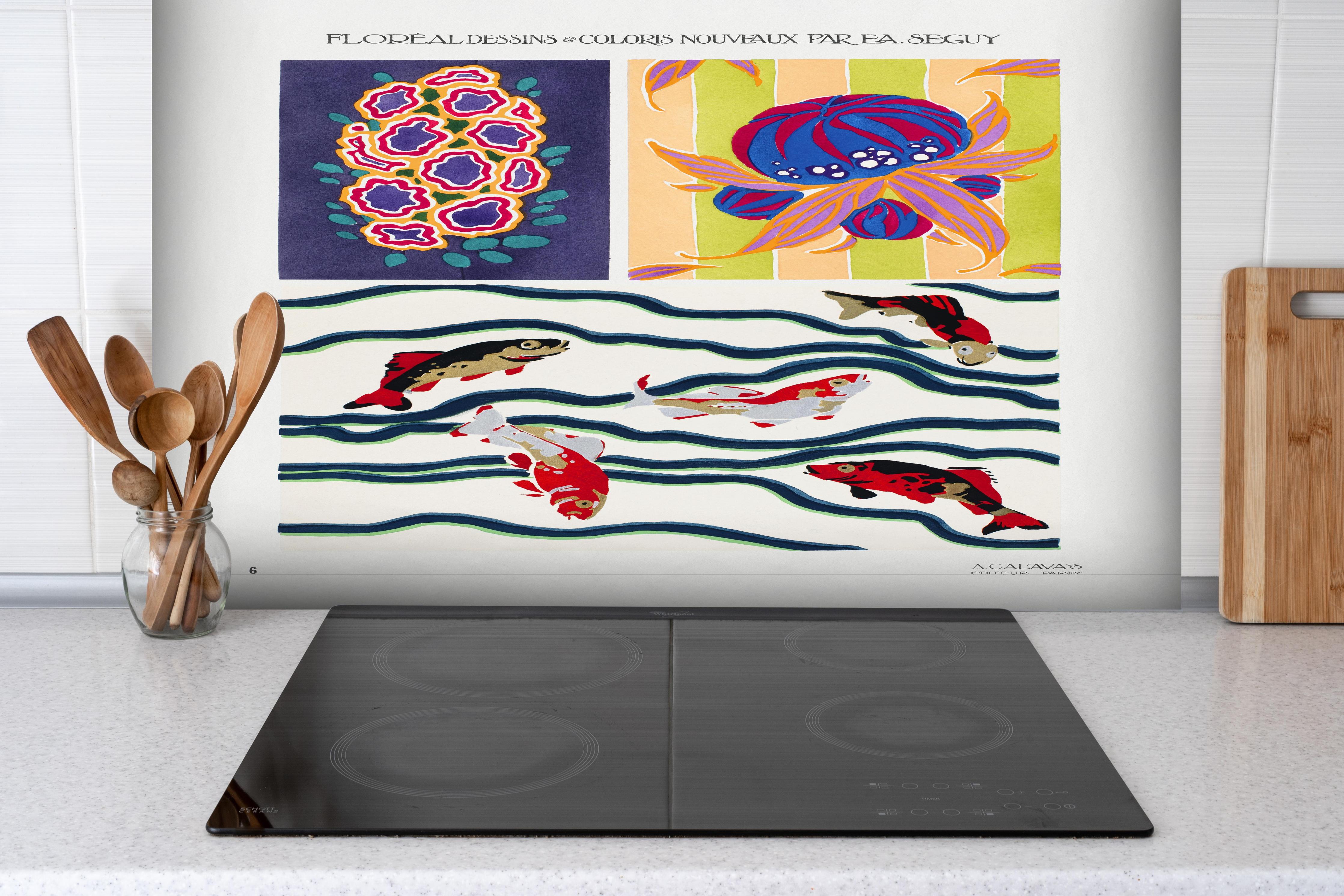 Spritzschutz - Vintage Kollage Französisch hinter einem Cerankochfeld zwischen Holz-Kochutensilien