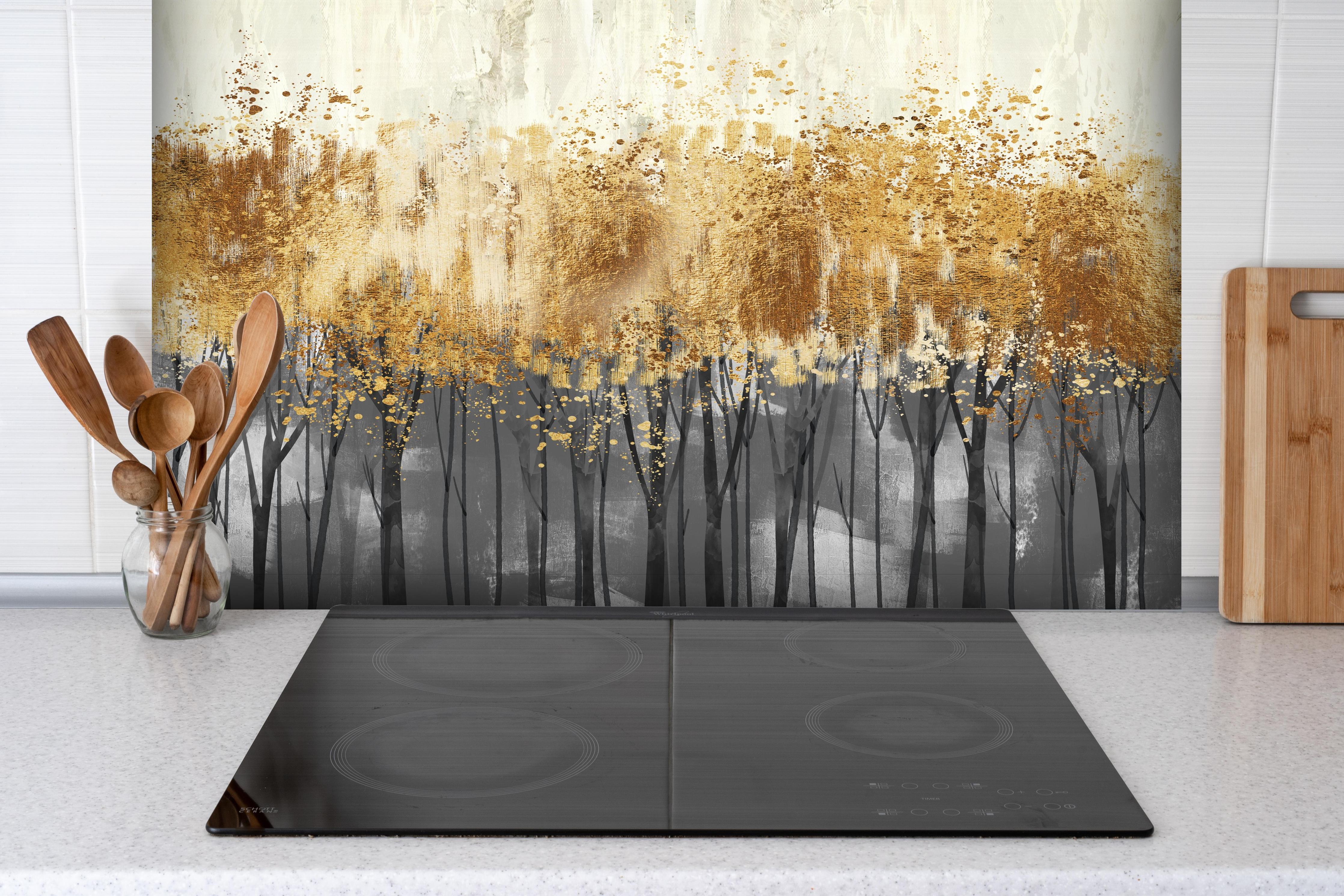 Spritzschutz - Vintage Kunstmalerei hinter einem Cerankochfeld zwischen Holz-Kochutensilien