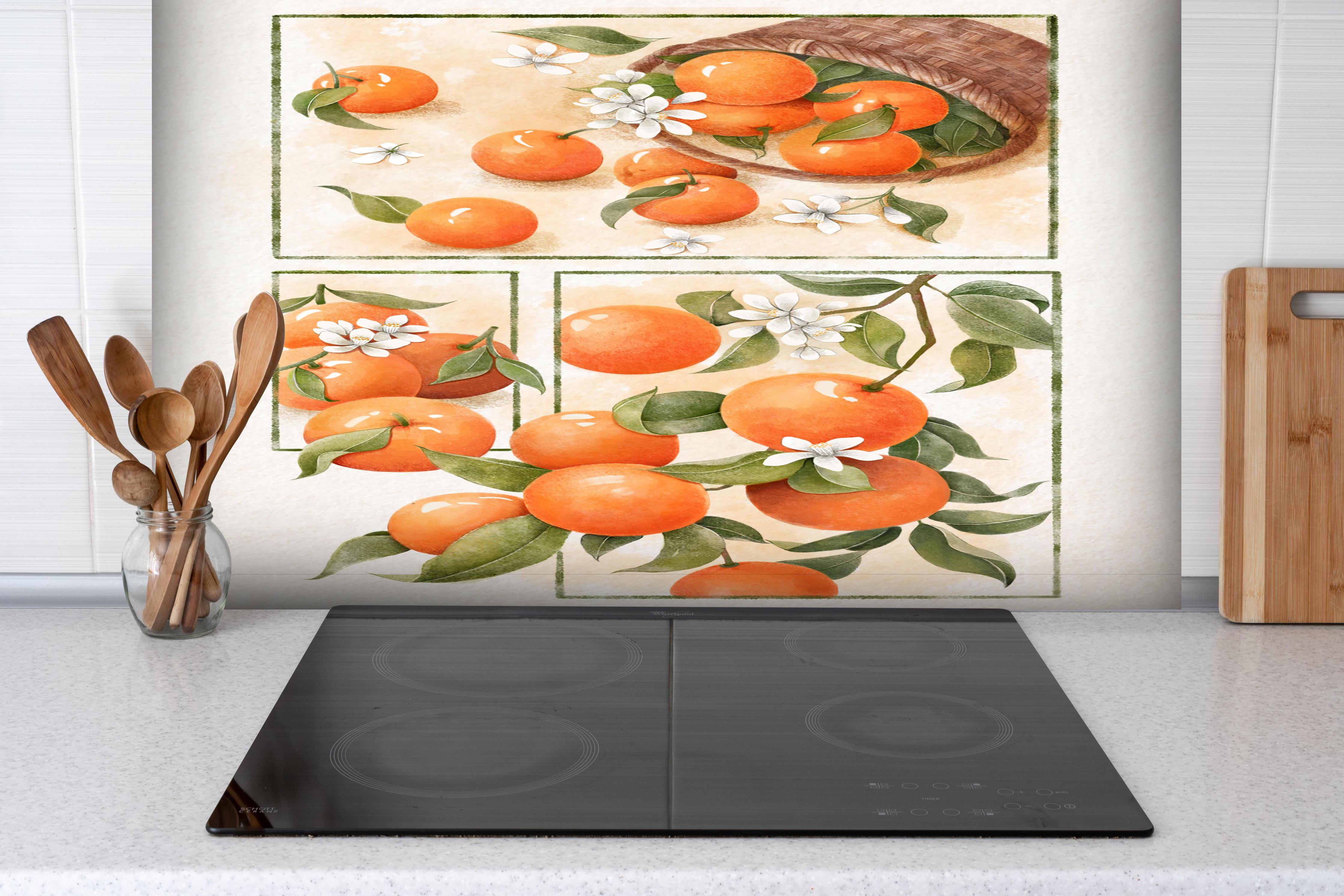 Spritzschutz - Vintage Zitrusfrüchte Aquarell Kunstwerk hinter einem Cerankochfeld zwischen Holz-Kochutensilien