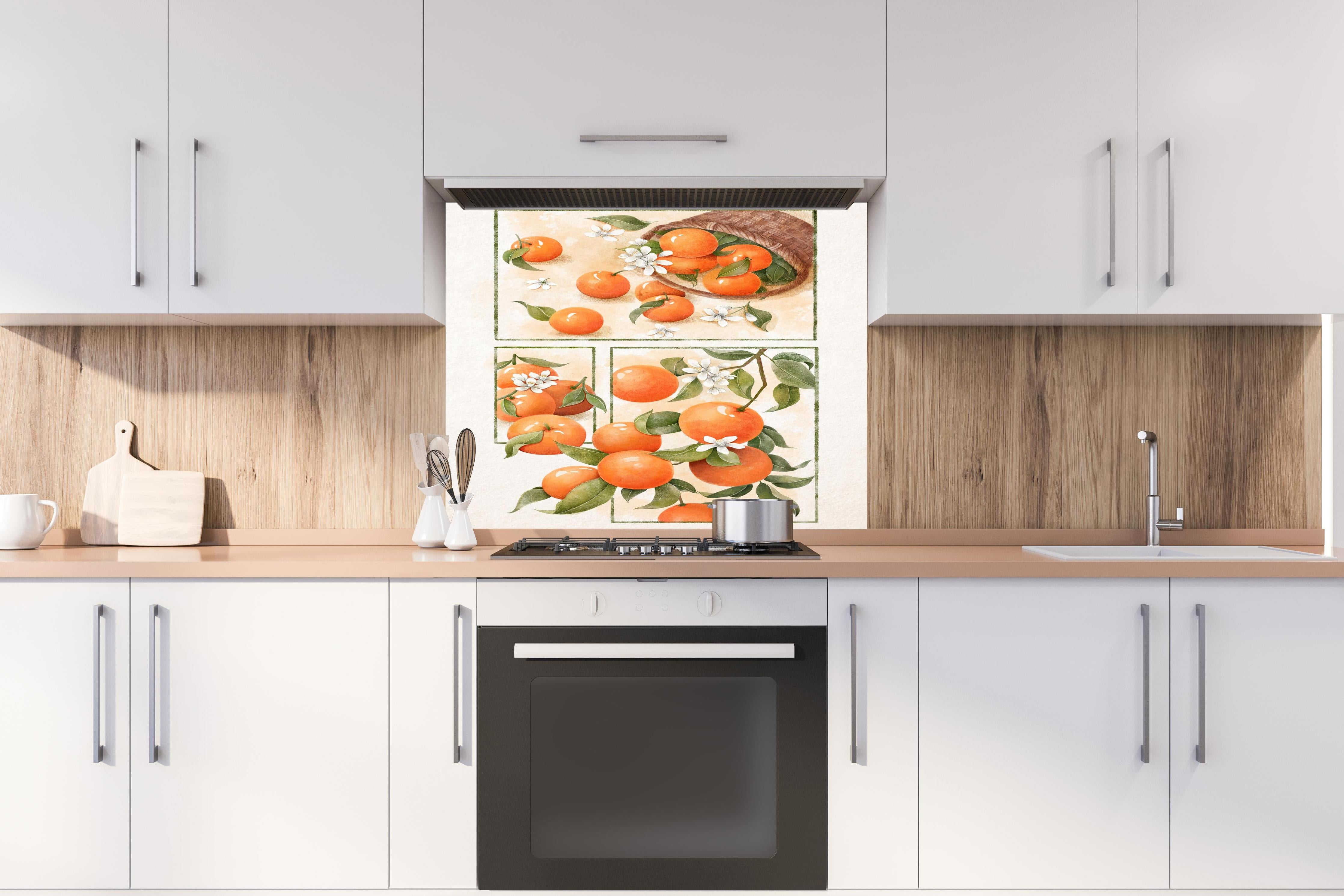 Spritzschutz - Vintage Zitrusfrüchte Aquarell Kunstwerk hinter einem Cerankochfeld zwischen Holz-Kochutensilien