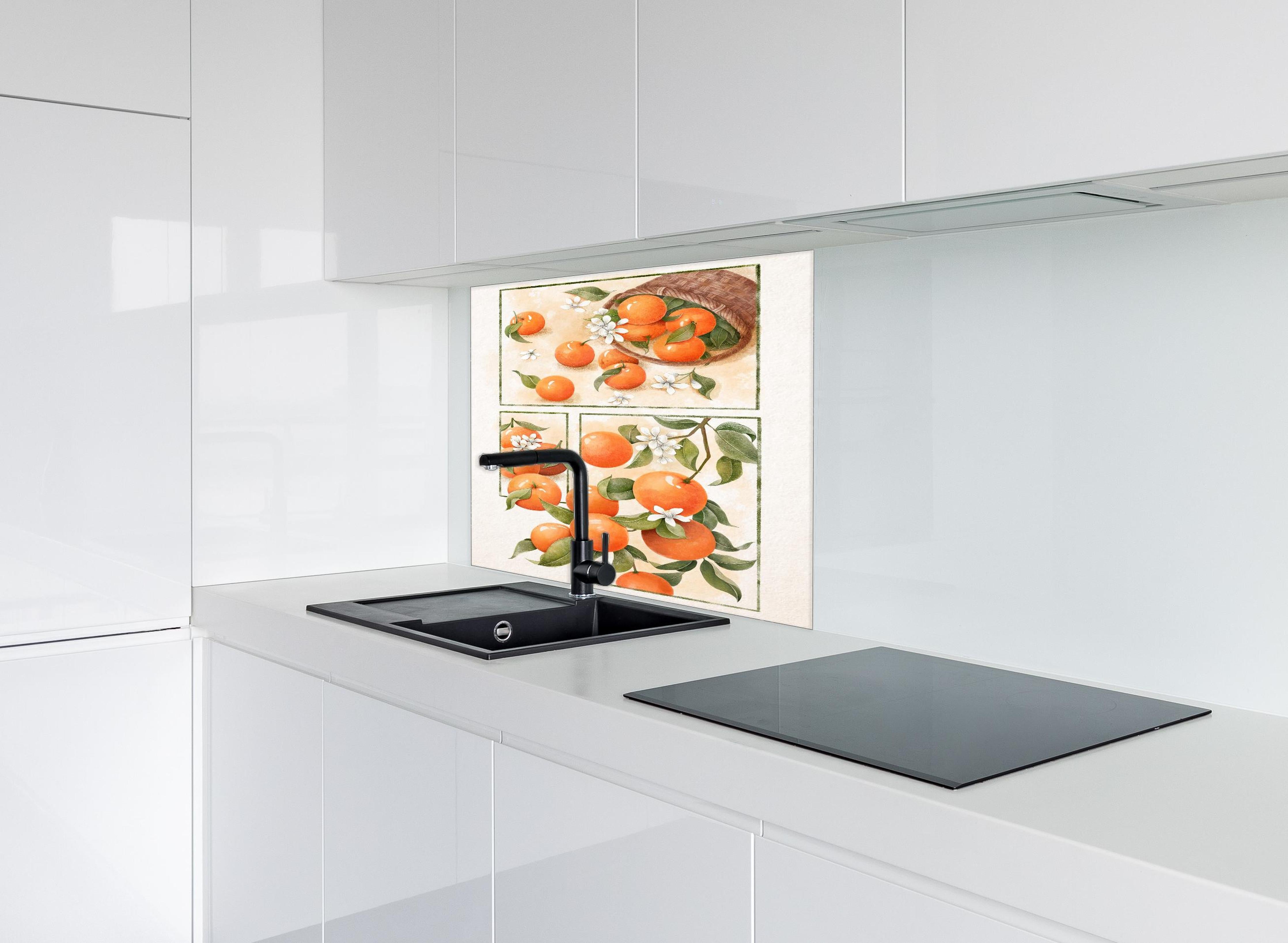 Spritzschutz - Vintage Zitrusfrüchte Aquarell Kunstwerk hinter einem Cerankochfeld zwischen Holz-Kochutensilien