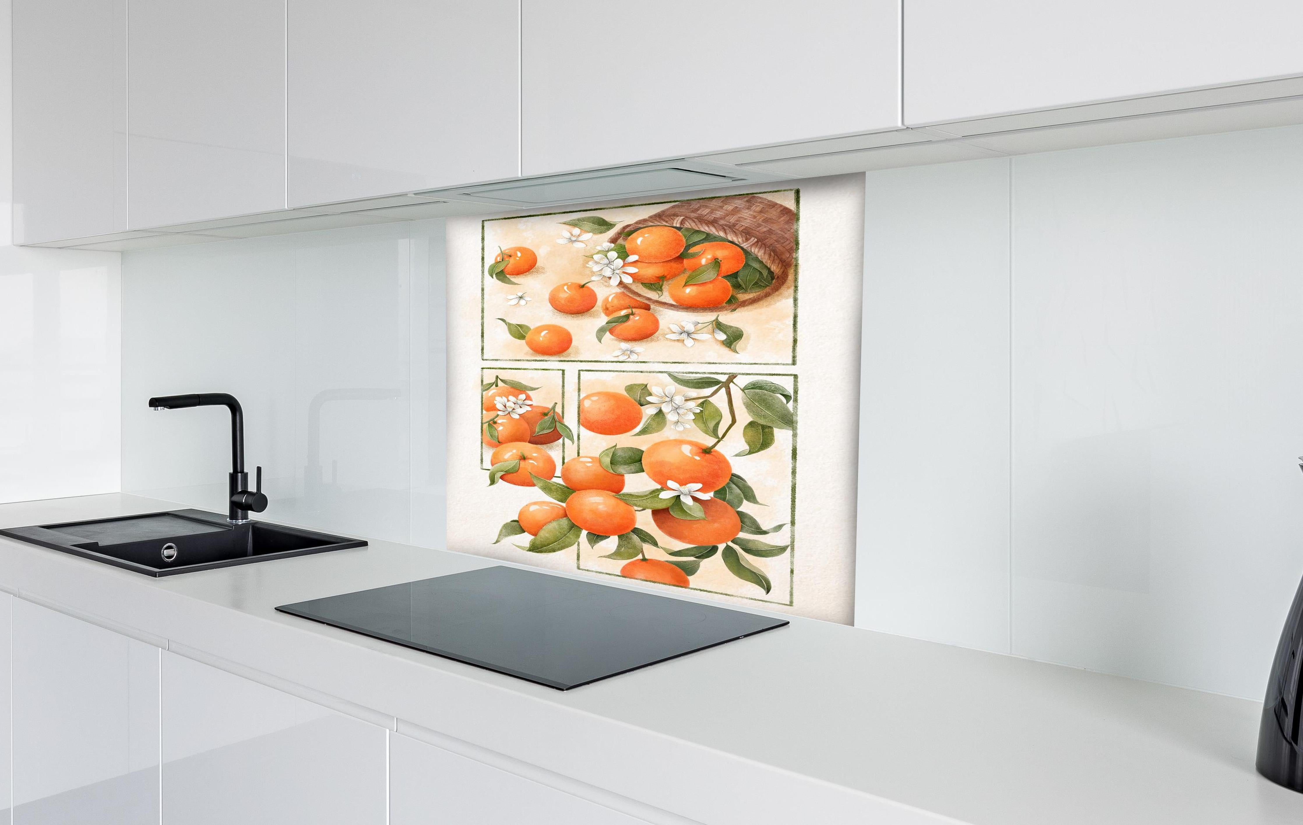 Spritzschutz - Vintage Zitrusfrüchte Aquarell Kunstwerk hinter einem Cerankochfeld zwischen Holz-Kochutensilien