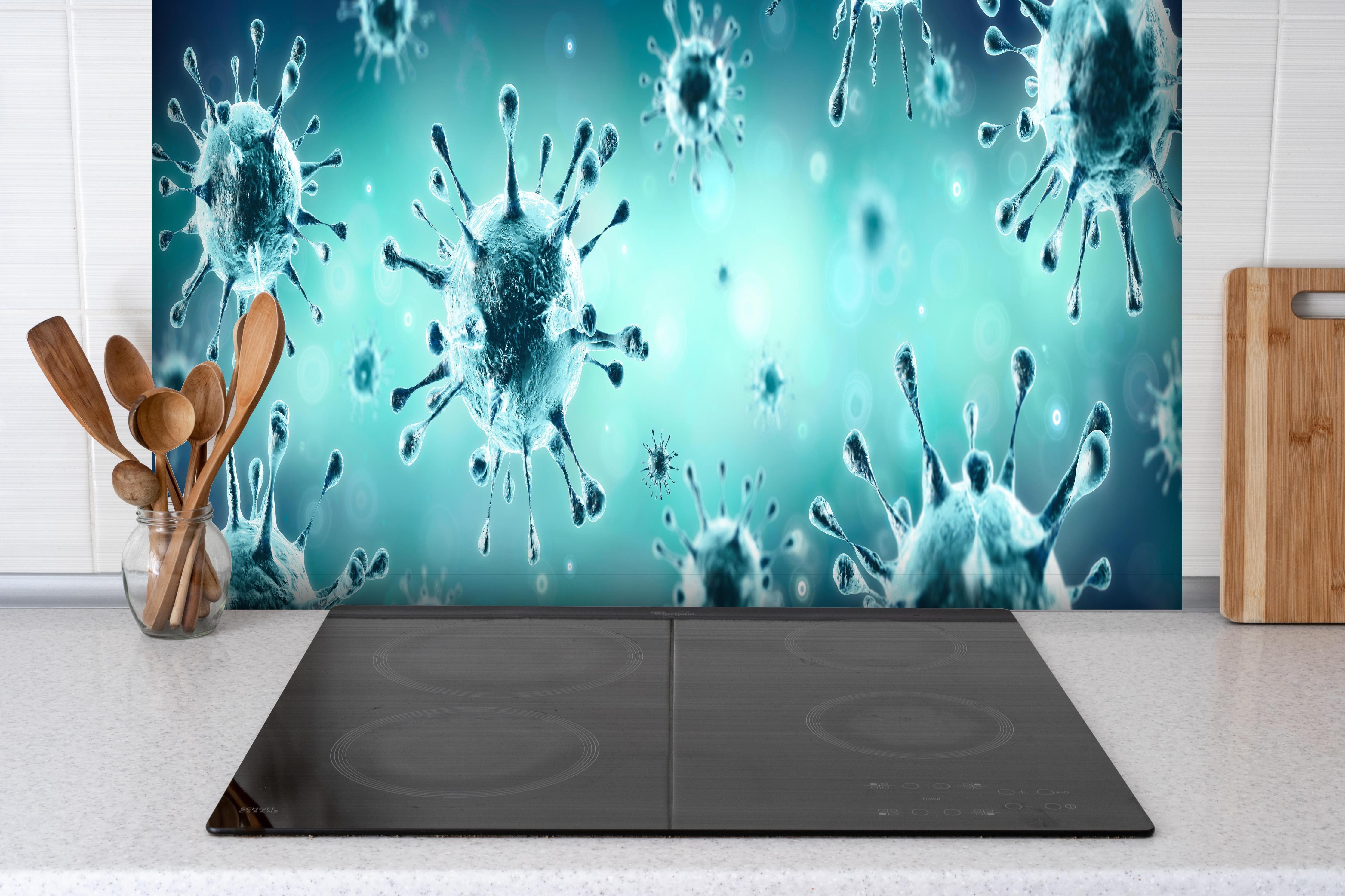 Spritzschutz - Virologie - Corona Virus hinter einem Cerankochfeld zwischen Holz-Kochutensilien
