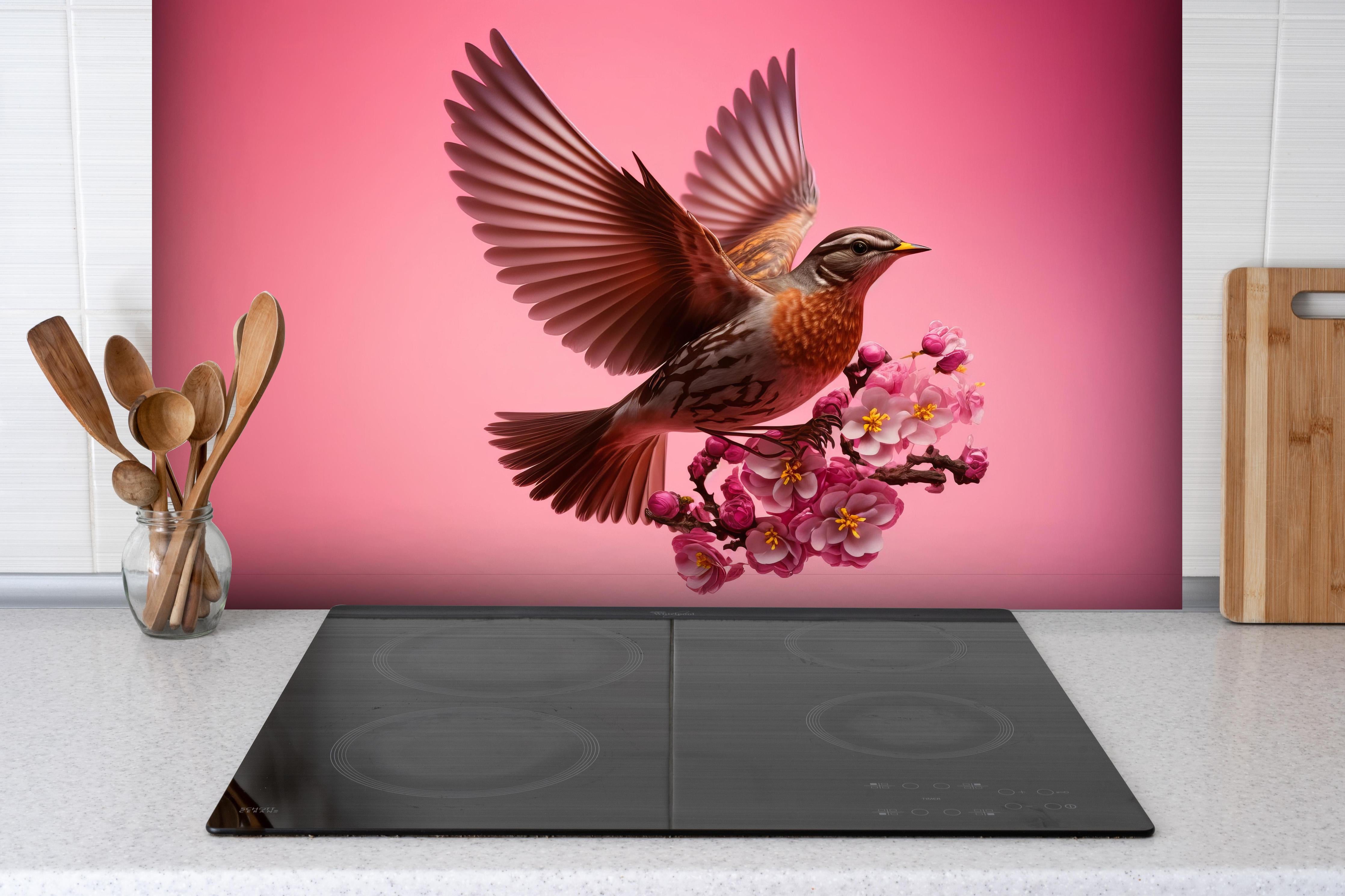 Spritzschutz - Vogel mit rosa Sakura Blütenzweig hinter einem Cerankochfeld zwischen Holz-Kochutensilien