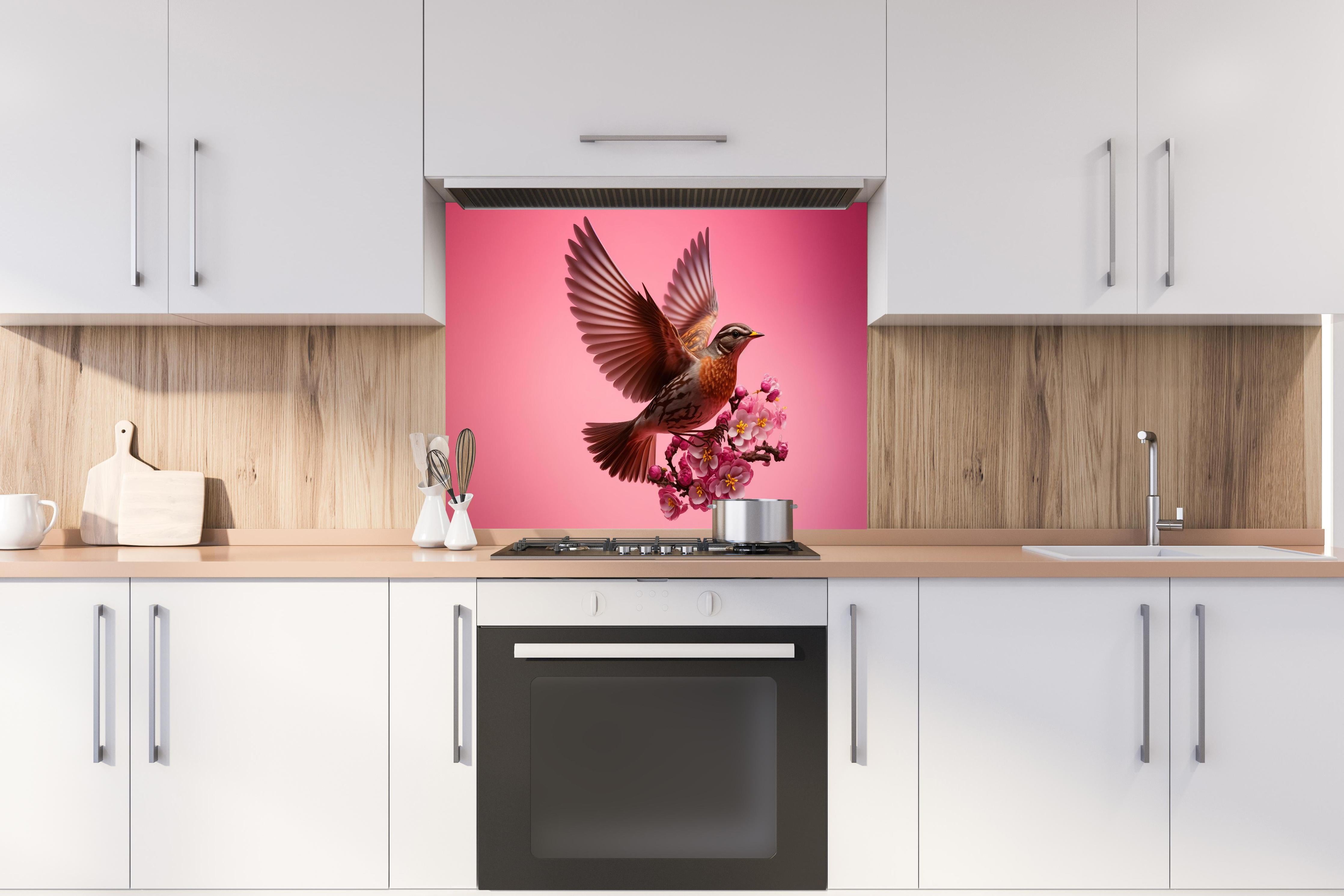 Spritzschutz - Vogel mit rosa Sakura Blütenzweig hinter einem Cerankochfeld zwischen Holz-Kochutensilien