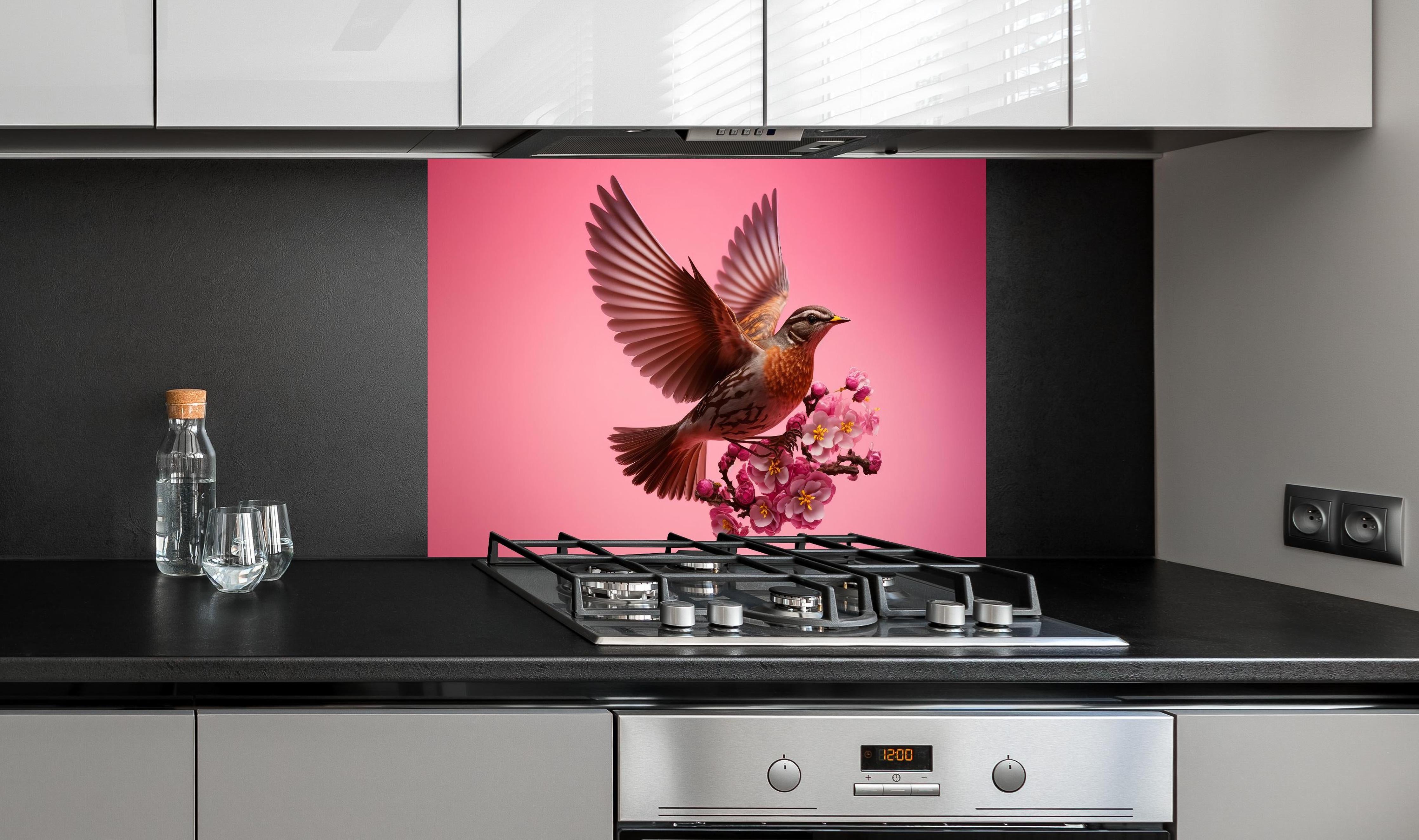 Spritzschutz - Vogel mit rosa Sakura Blütenzweig hinter einem Cerankochfeld zwischen Holz-Kochutensilien