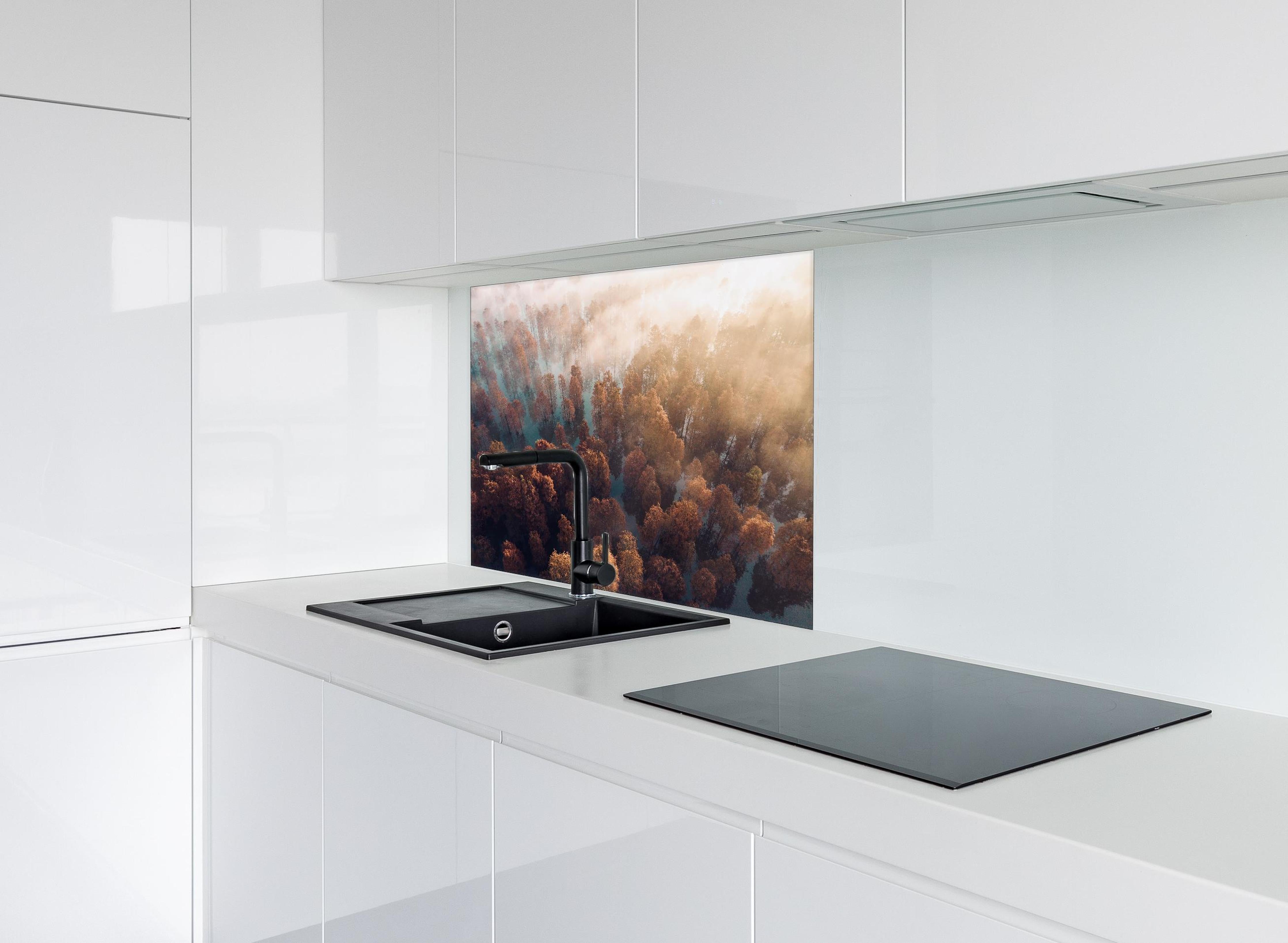 Spritzschutz - Vogelperspektive - Wald im Herbst hinter einem Cerankochfeld zwischen Holz-Kochutensilien