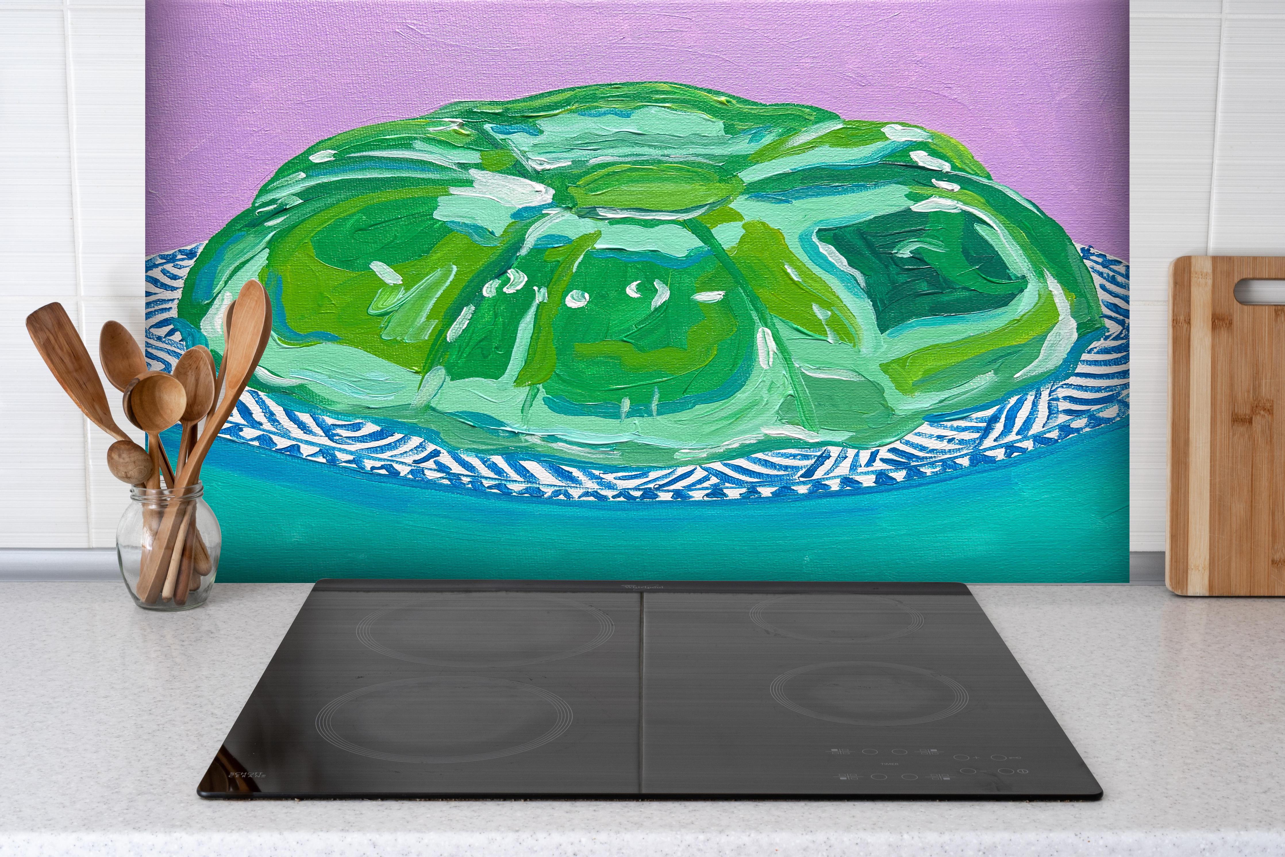 Spritzschutz - Wackelpudding - Acryl Gemälde hinter einem Cerankochfeld zwischen Holz-Kochutensilien